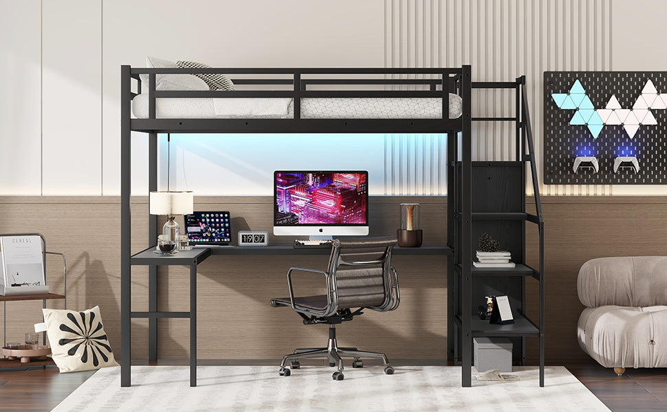 Full Size Loft Bed With L Shaped Desk And Usb, Metal Loft Bed With Wardrobe And Adjustable Shelf, High Loft Bed With Led For Kids Teens Adults, Black Full Black Metal