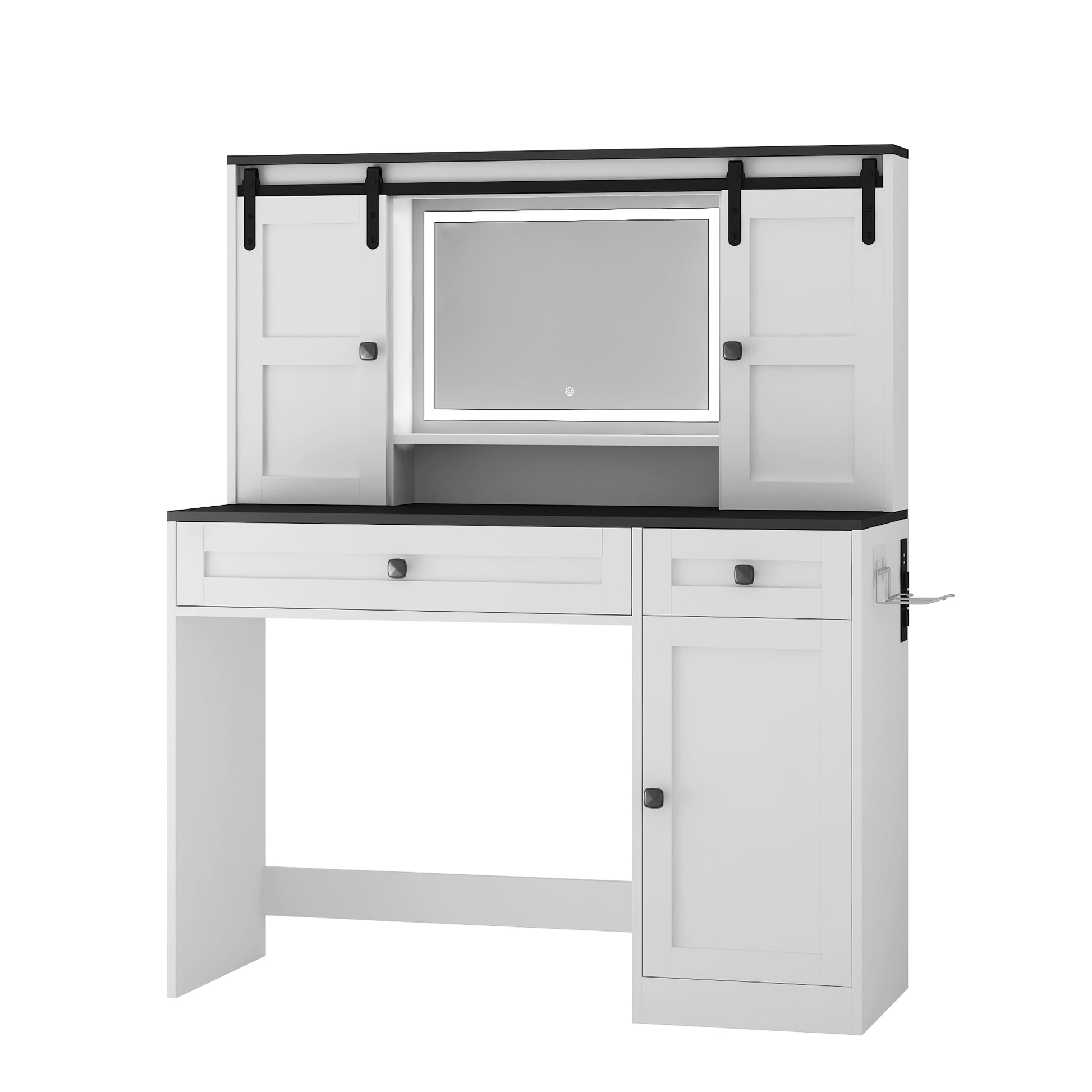 Farmhouse Dressing Table Makeup Table, 43" Wide Dressing Table With Lighted Mirror And Makeup Drawer, Large Modern Dressing Table Set With Hair Dryer Holder For Bedroom, White White Mdf