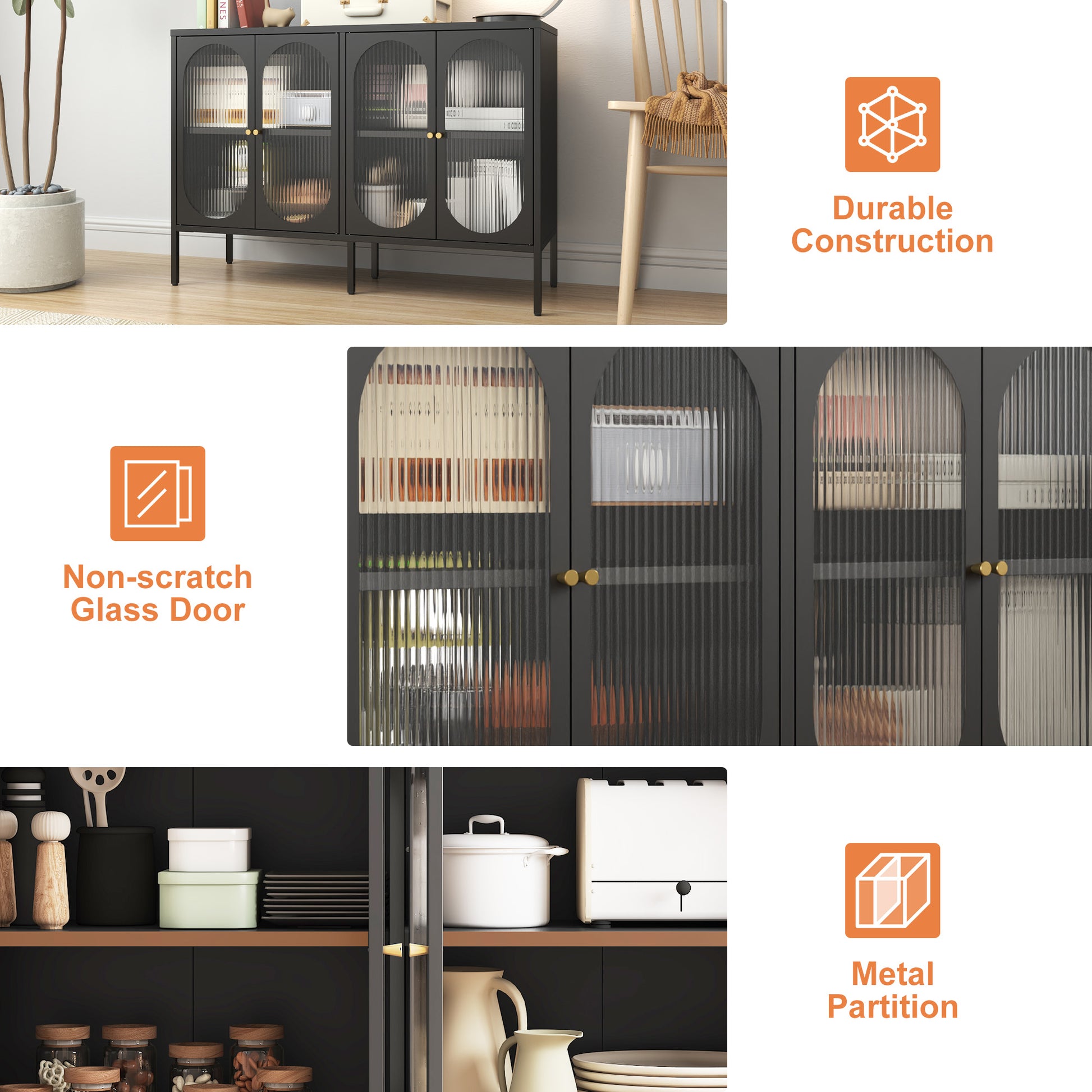 Metal Sideboard Cabinet With 4 Glass Door, Steel Locker Sideboard Buffet Cabinet, Sideboard Buffet Cabinet With 4 Doors, Kitchen Storage Cabinet, Coffee Bar Cabinet For Kitchen, Living Room, Black