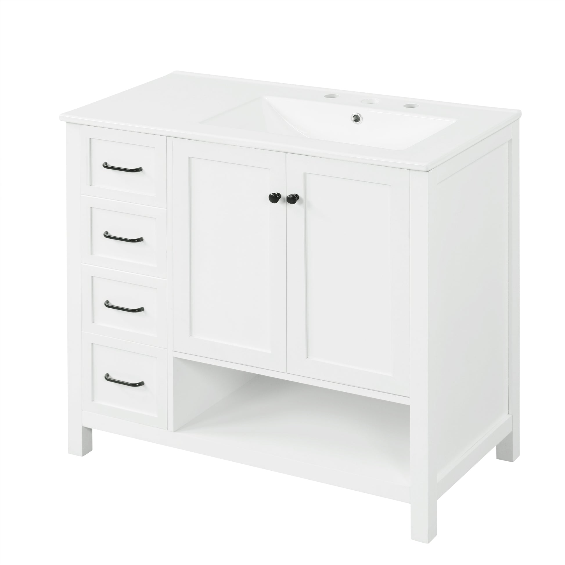 36" Bathroom Vanity With Sink Top, Bathroom Vanity Cabinet With Two Doors And Two Drawers, Solid Wood, Open Shelf, Mdf Boards, One Package, White White Solid Wood Mdf