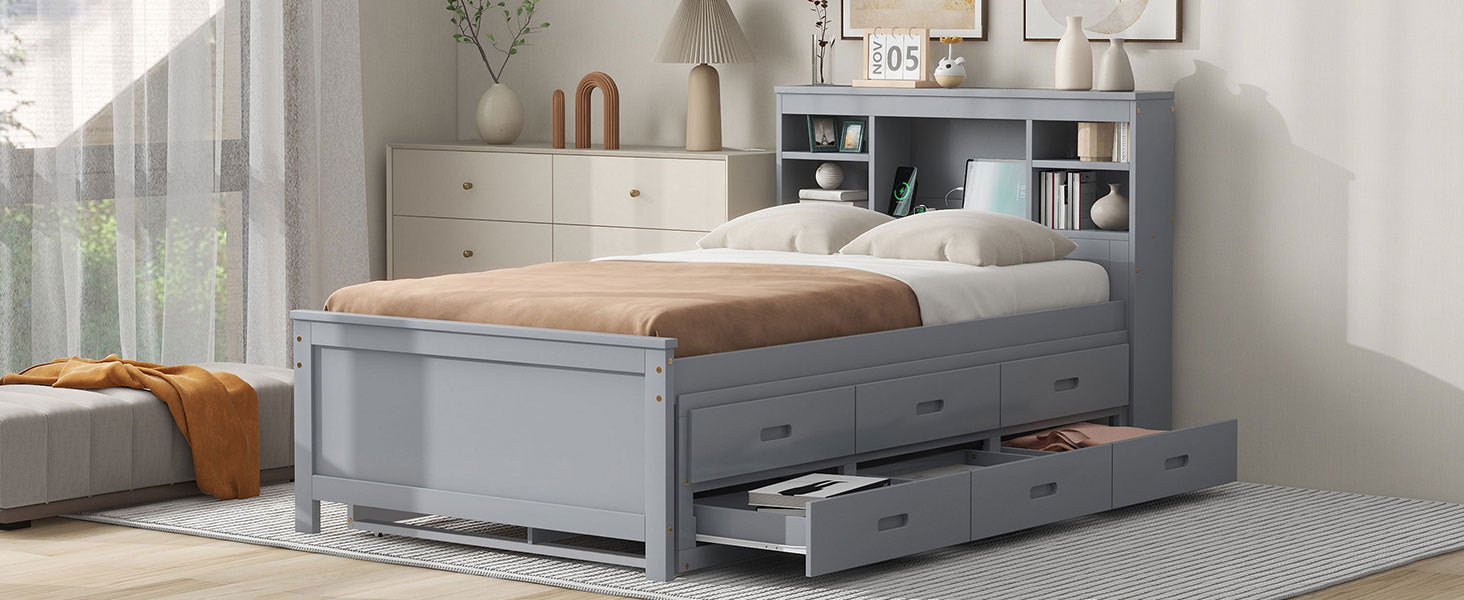 Twin Size Platform Bed With Storage Headboard, Usb, Twin Size Trundle And 3 Drawers, Gray Box Spring Not Required Twin Gray Wood Bedroom Bed Frame Solid Wood Mdf