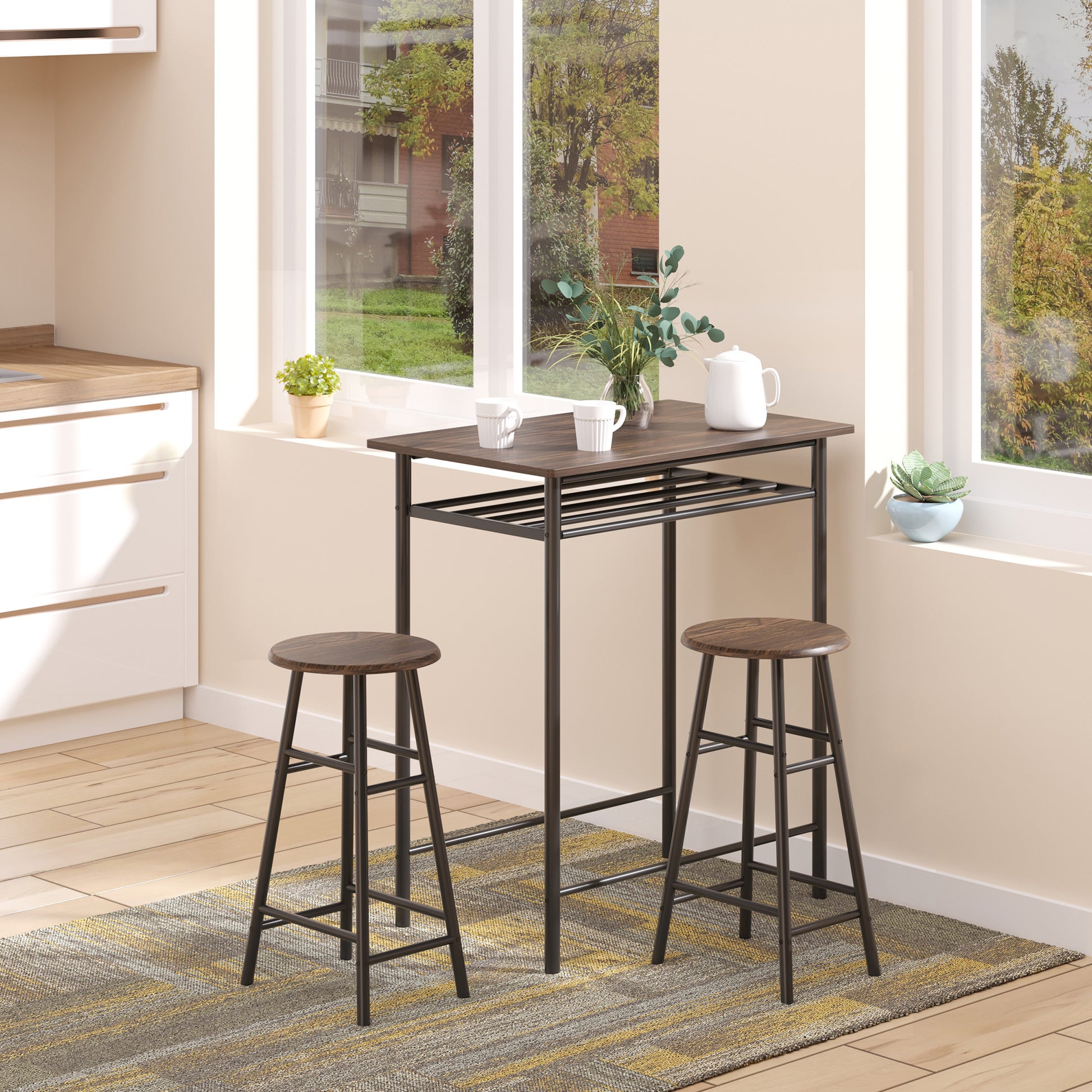 Homcom 3 Piece Counter Height Bar Table And Chairs Set, Space Saving Dining Table With 2 Matching Stools, Storage Shelf Metal Frame Footrest, Black, Brown Black Mdf