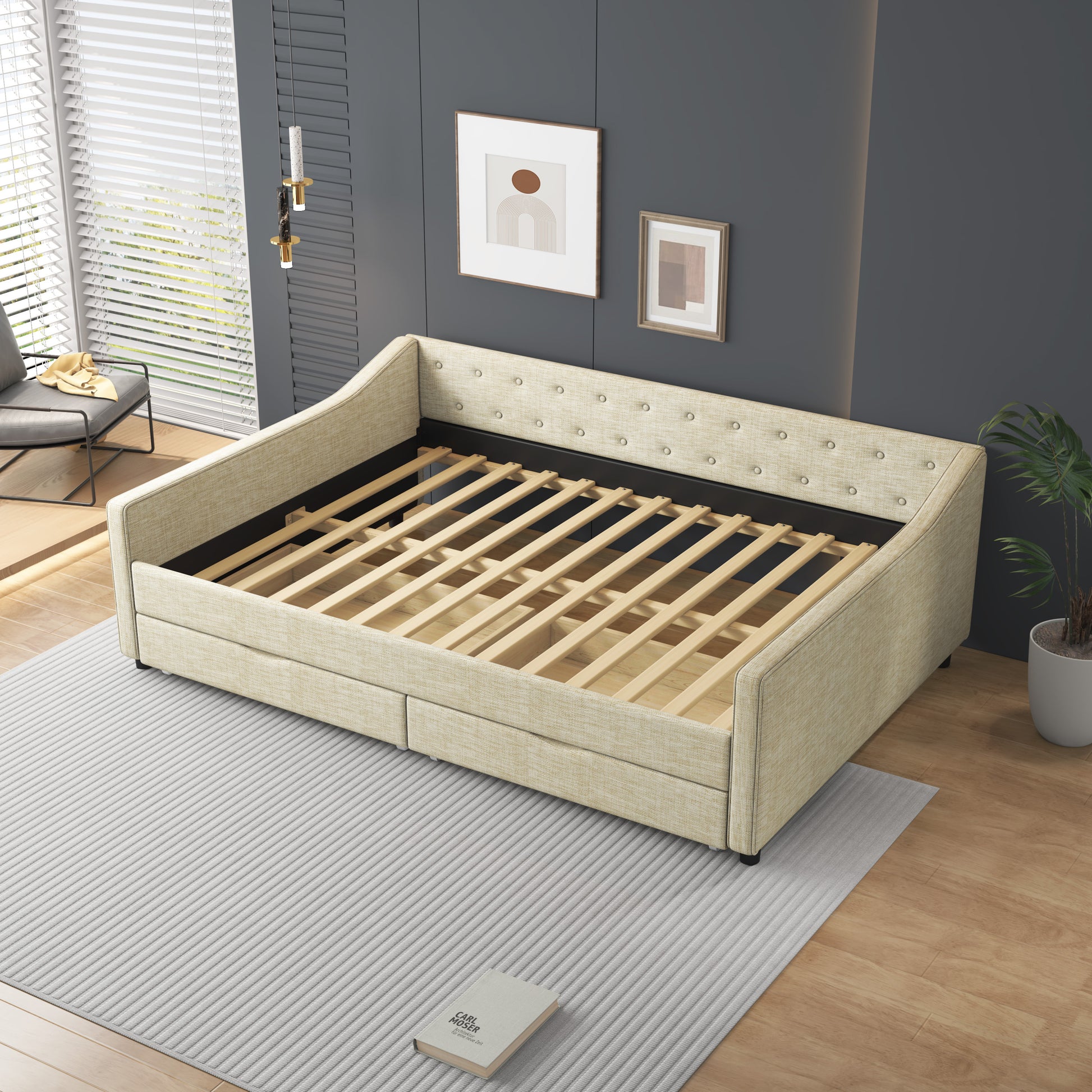 Full Size Daybed With Drawers Upholstered Tufted Sofa Bed, With Button On Back And Piping On Waved Shape Arms Beige Full Beige Wood Fabric