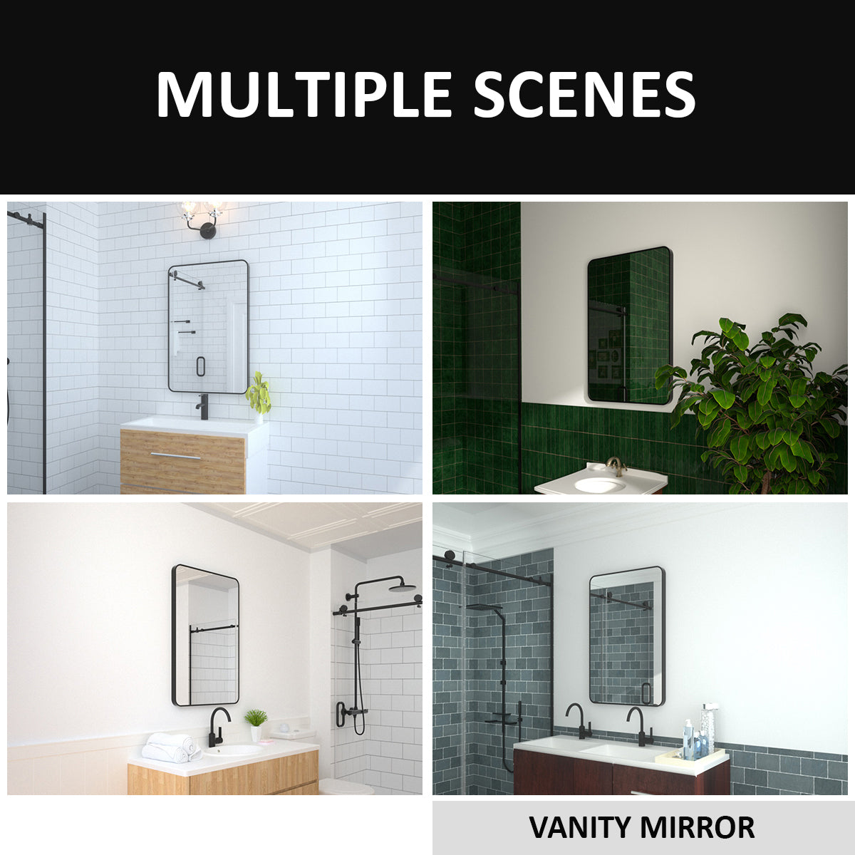 24X36 In. Aluminum Framed Rounded Rectangle Bathroom Wall Mirror, Matte Black Bathroom Vanity Mirror Farmhouse, Anti Rust, Tempered Glass Mirrors, Hangs Horizontally Or Vertiy Matte Black Aluminum