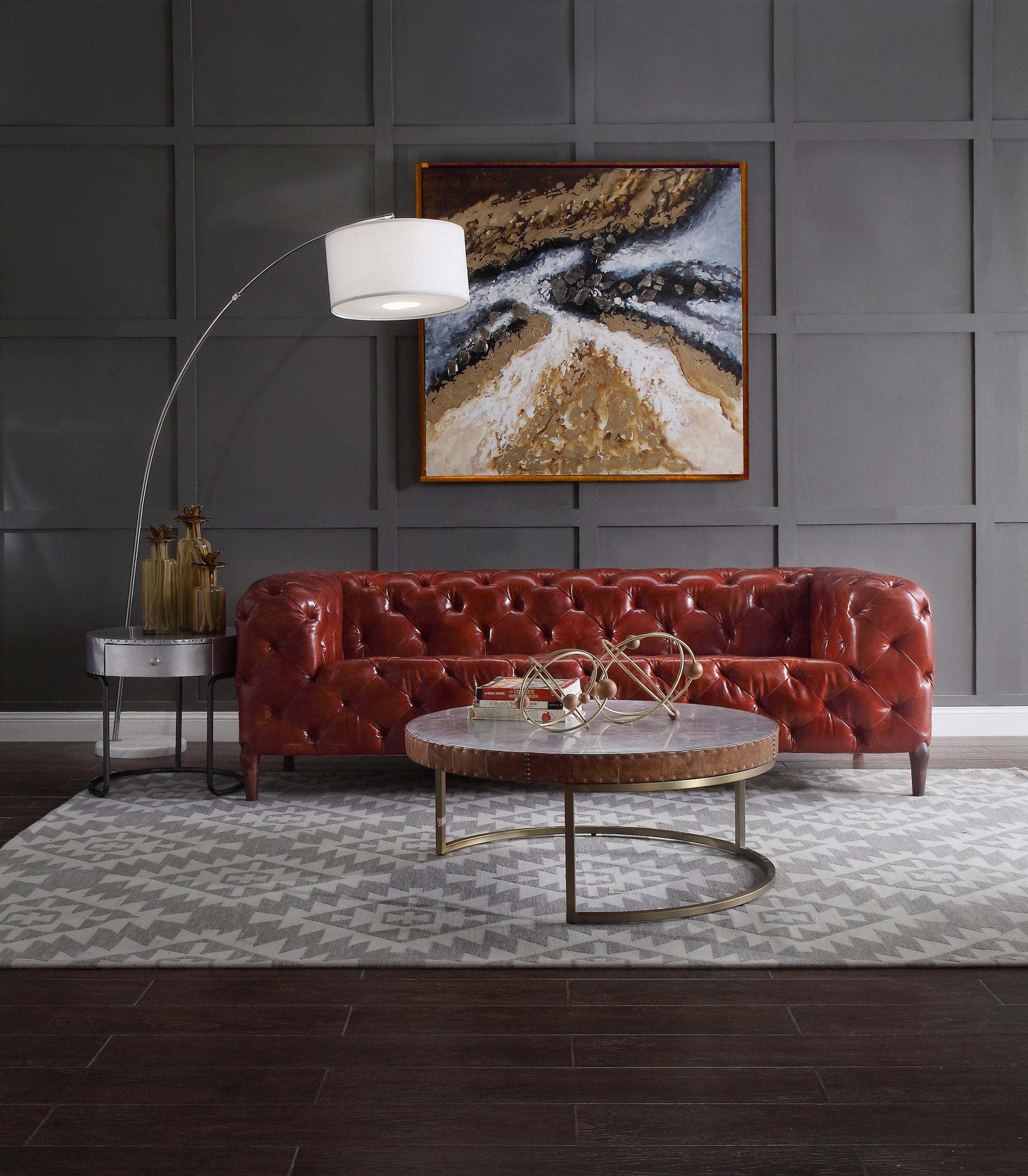 Aluminum And Cocoa Drum Coffee Table Brown Gold Primary Living Space Modern Round Genuine Leather Sled
