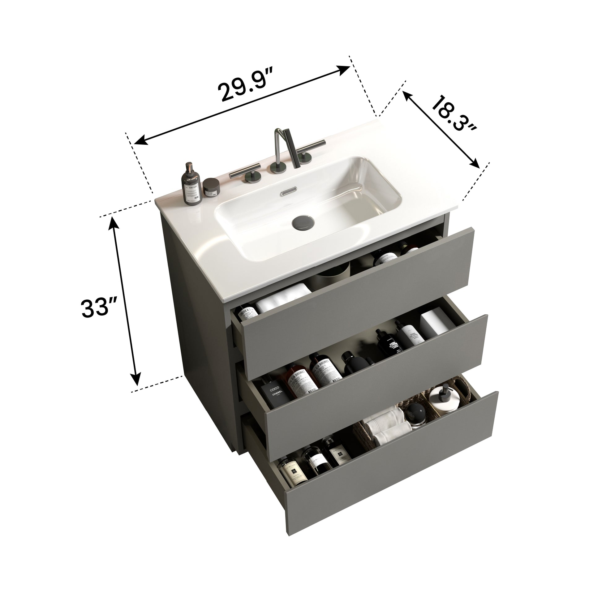 Tia 30" Gray Bathroom Vanity With Sink With 3 Faucet Holes, Large Storage Freestanding Bathroom Vanity For Modern Bathroom, One Piece White Sink Basin Without Drain And Faucet, Pre Assembledt Gray