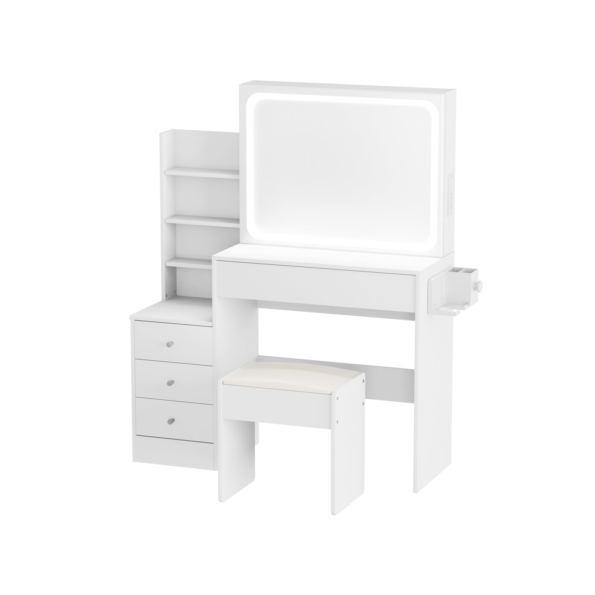 Vanity Table With Led Lit Mirror With Power Outlet And Hairdryer Shelving, With 4 Drawers And Upholstered Stool, Brightness Adjustable In 3 Lighting Modes, Storage Table, White,43.3"L *15.7"W