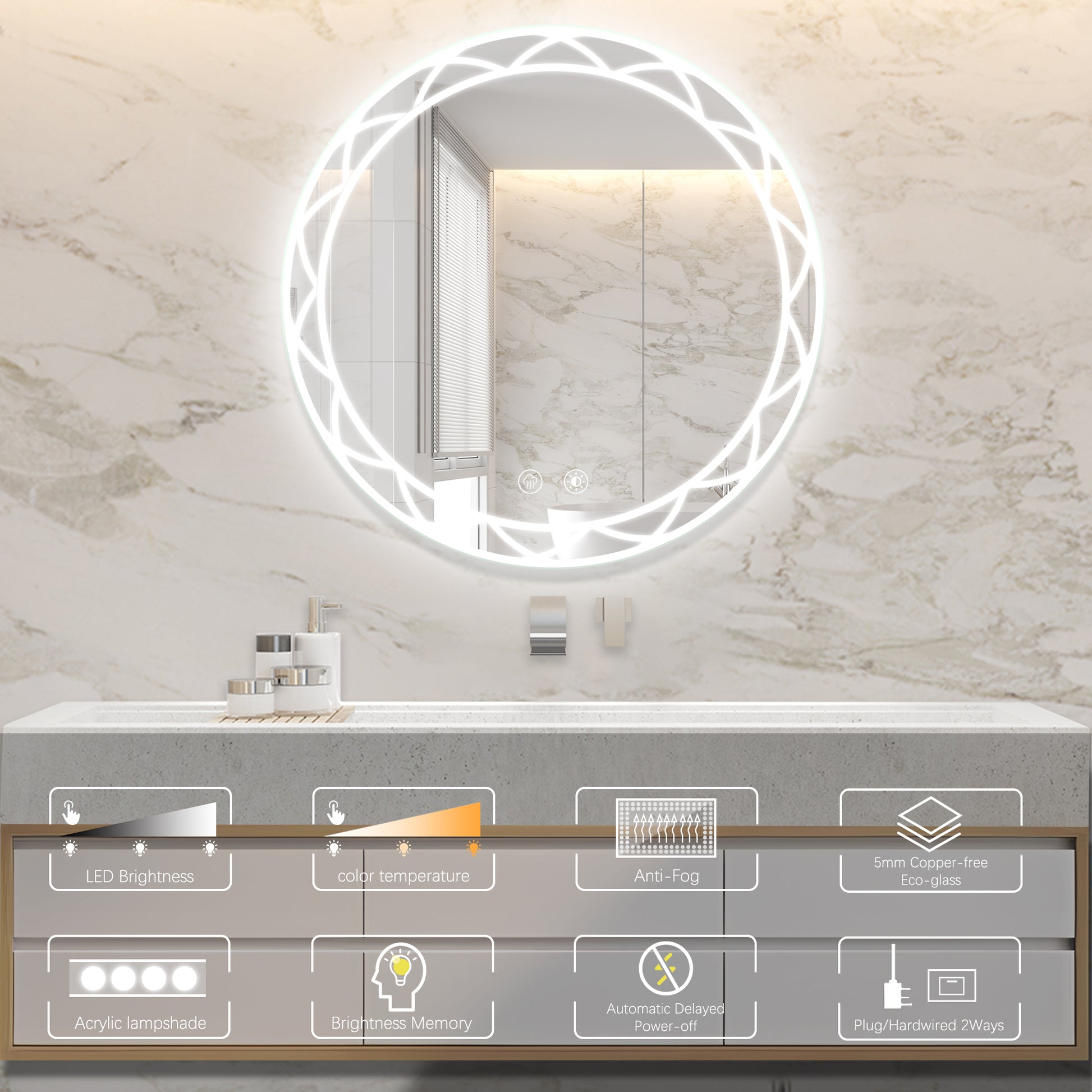 30" Round Led Bathroom Mirror Adjustable Color Temperatures And Anti Fog, Wall Mounted Design White Black Aluminium,Tempered Glass