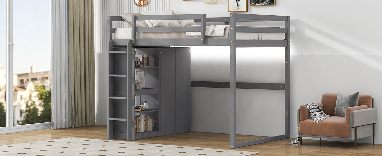 Wood Full Size Loft Bed With Built In Wardrobe And Storage Shelves, Led Light, Gray Box Spring Not Required Full Gray Wood Bedroom Bed Frame Solid Wood Mdf