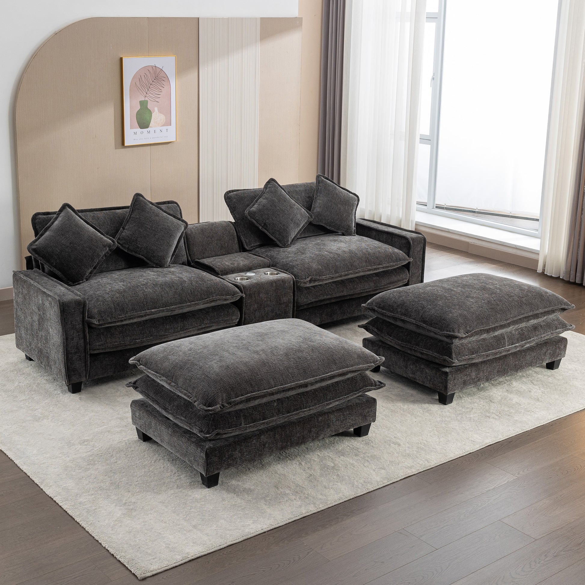 112.6" Sectional Sofa Chenille Upholstered Sofa With Two Removable Ottoman, Two Usb Ports, Two Cup Holders And Large Storage Box For Living Room, Black Black Foam Chenille 2 Seat