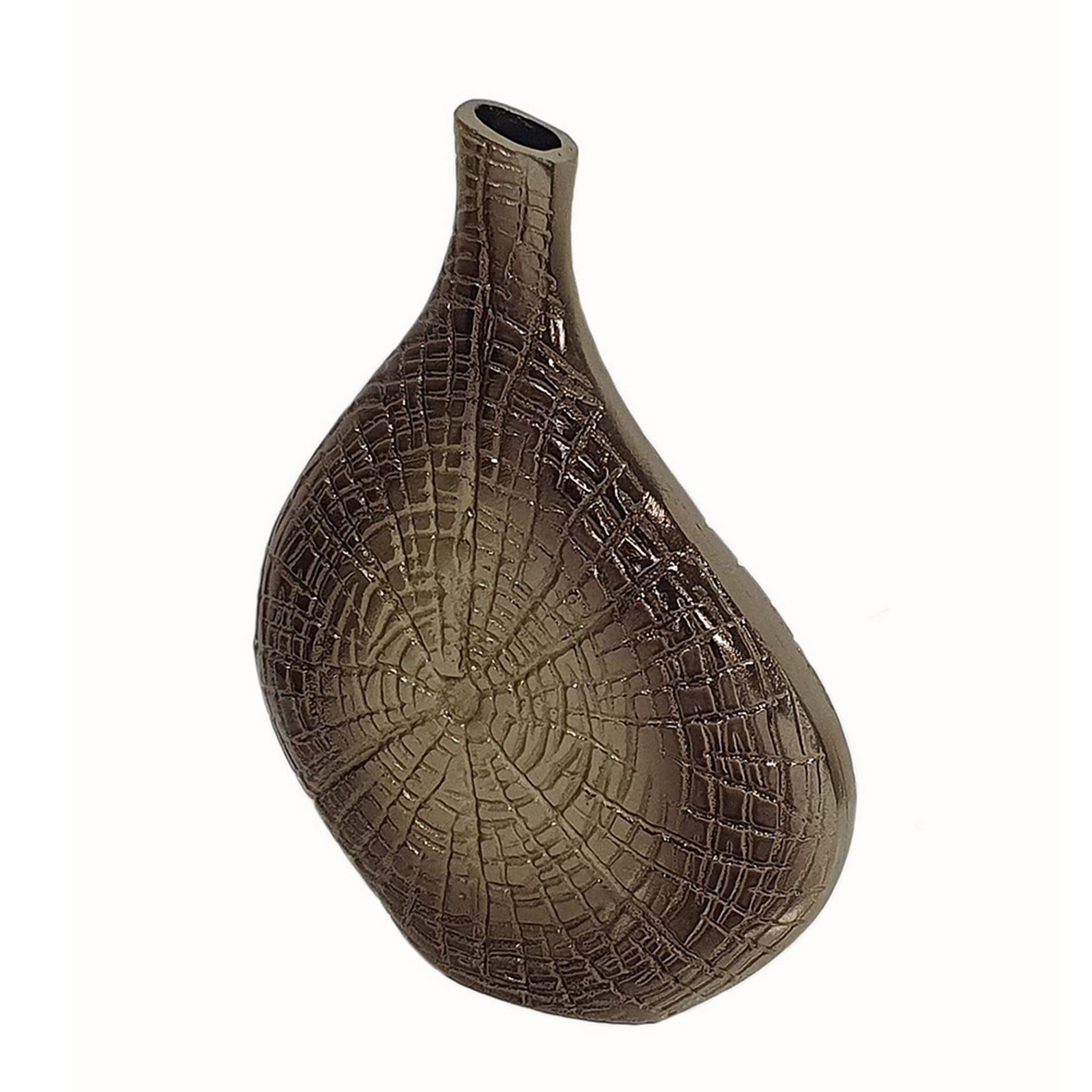 Zelo 11 Inch Decorative Vase, Aluminum, Webbed Design, Bottleneck, Gold Gold Brown Aluminium