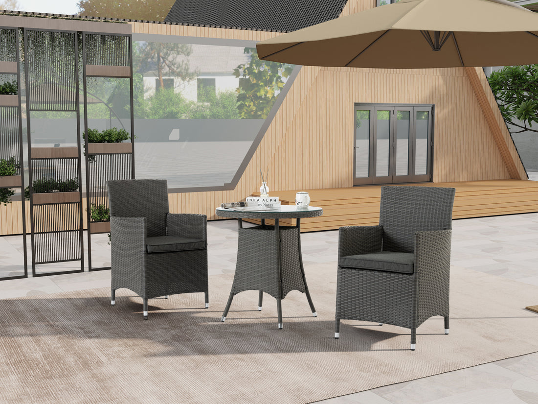 3 Piece Outdoor Dining Set All Weather Wicker Patio Dining Table And Chairs With Cushions, Round Tempered Glass Tabletop For Patio Backyard Porch Garden Poolside Grey Rattan