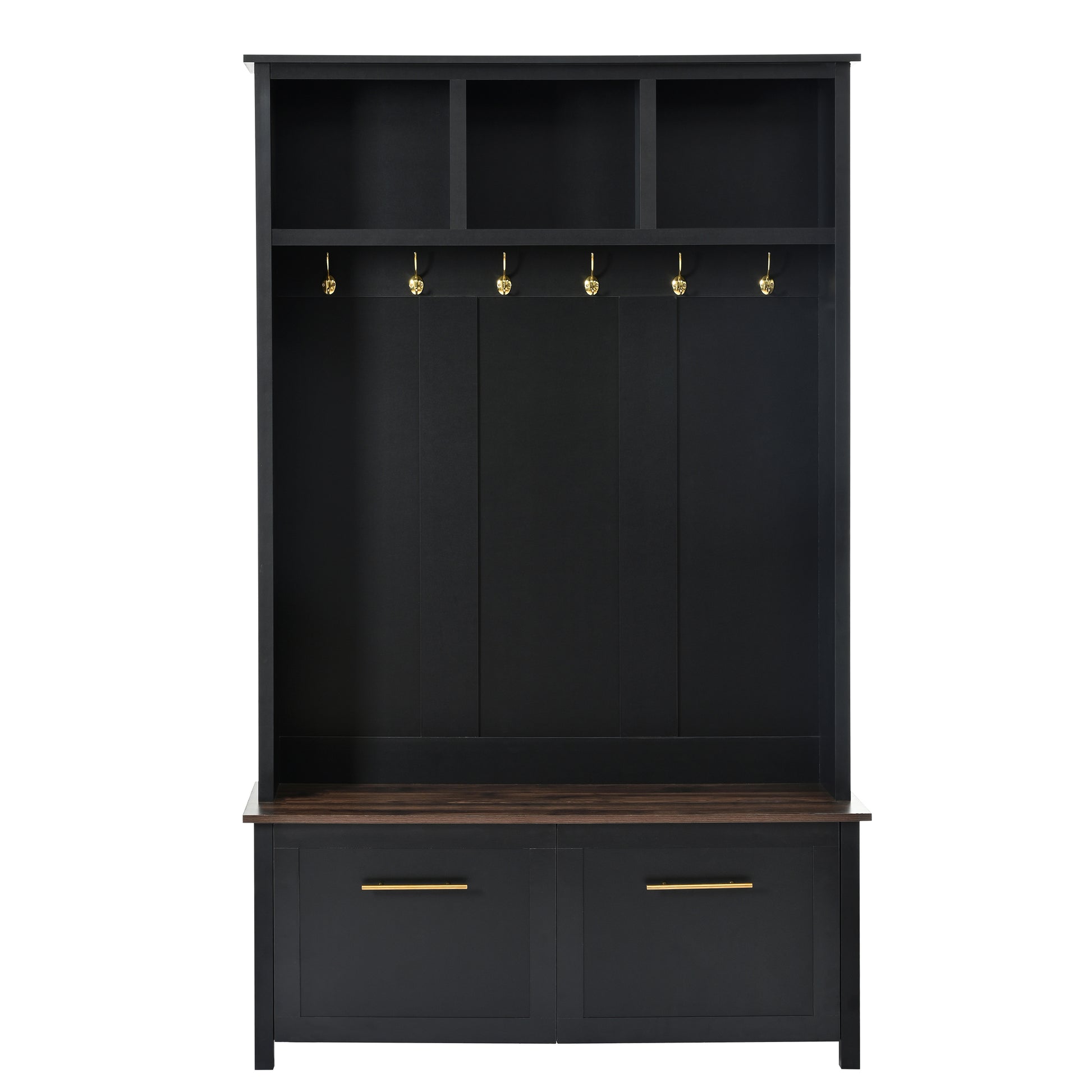 Versatile 4 In 1 Hall Tree With 6 Golden Hooks, Wood Grain Bench With Multiple Storage Space, Entryway Coat Rack With 2 Drawers For Living Room, Hallway, Black, 76.6''H Old Sku:N721S000034B Black