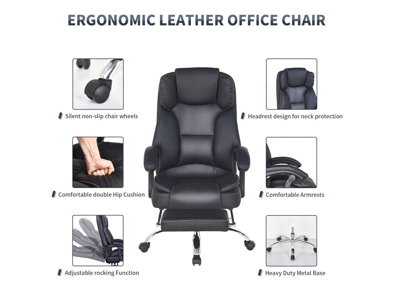 Big And Tall Office Chair, Pu Leather High Back Ergonomic Office Chair With Footrest, Executive Office Chair For Back Pain Relief, Black Office Chair Black Pu Iron