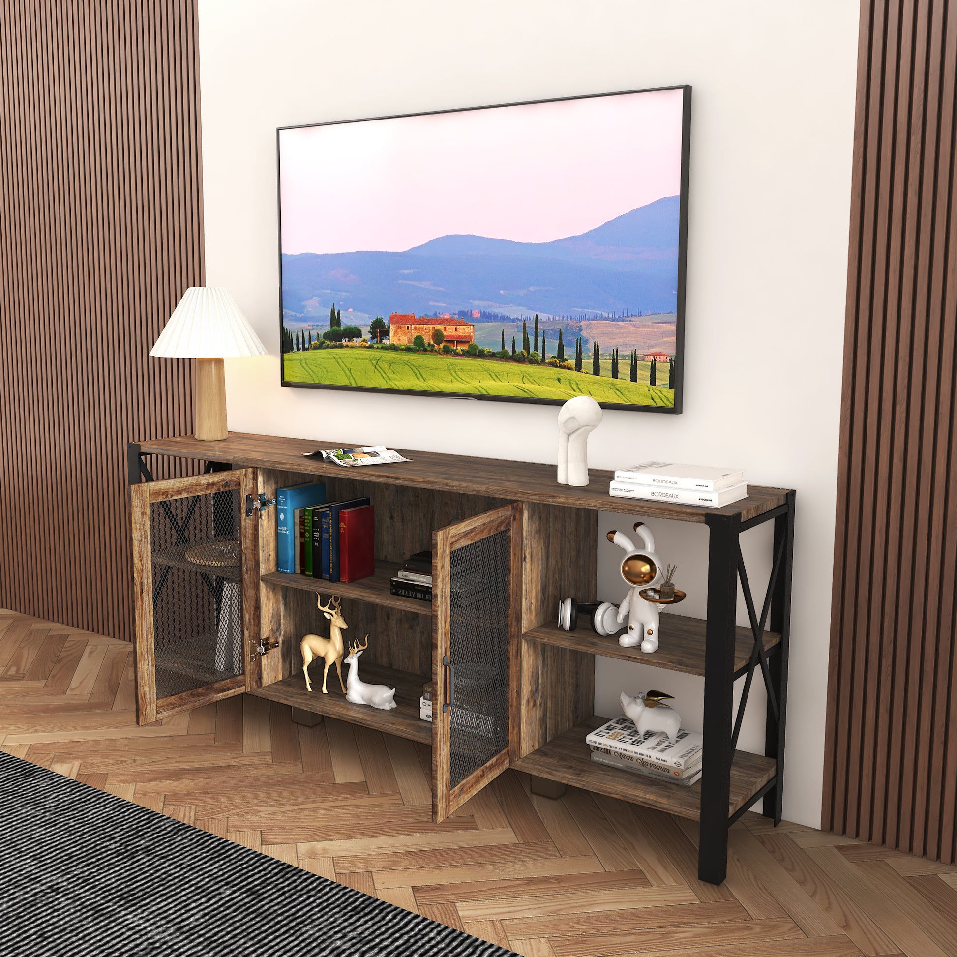 Tv Stands For Living Room, Industrial Tv Stand For Bedroom Furniture, Farmhouse Tv Stand 80 Inch Television Standmodern Horizontal Wood And Metal Open Bookshelf Espresso 70 79 Inches Particle Board Mdf