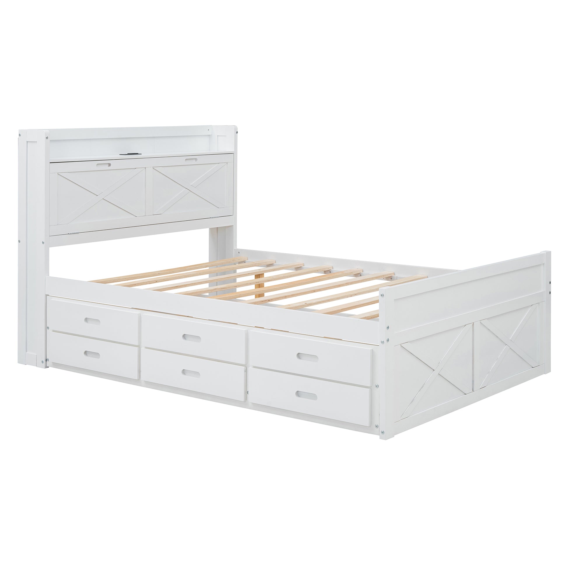 Full Size Wooden Bed With Storage Headboard With Outlets, Extendable Bed With Twin Size Trundle With Three Storage Drawers,White Expected Arrival Time:8.23 Full White Wood