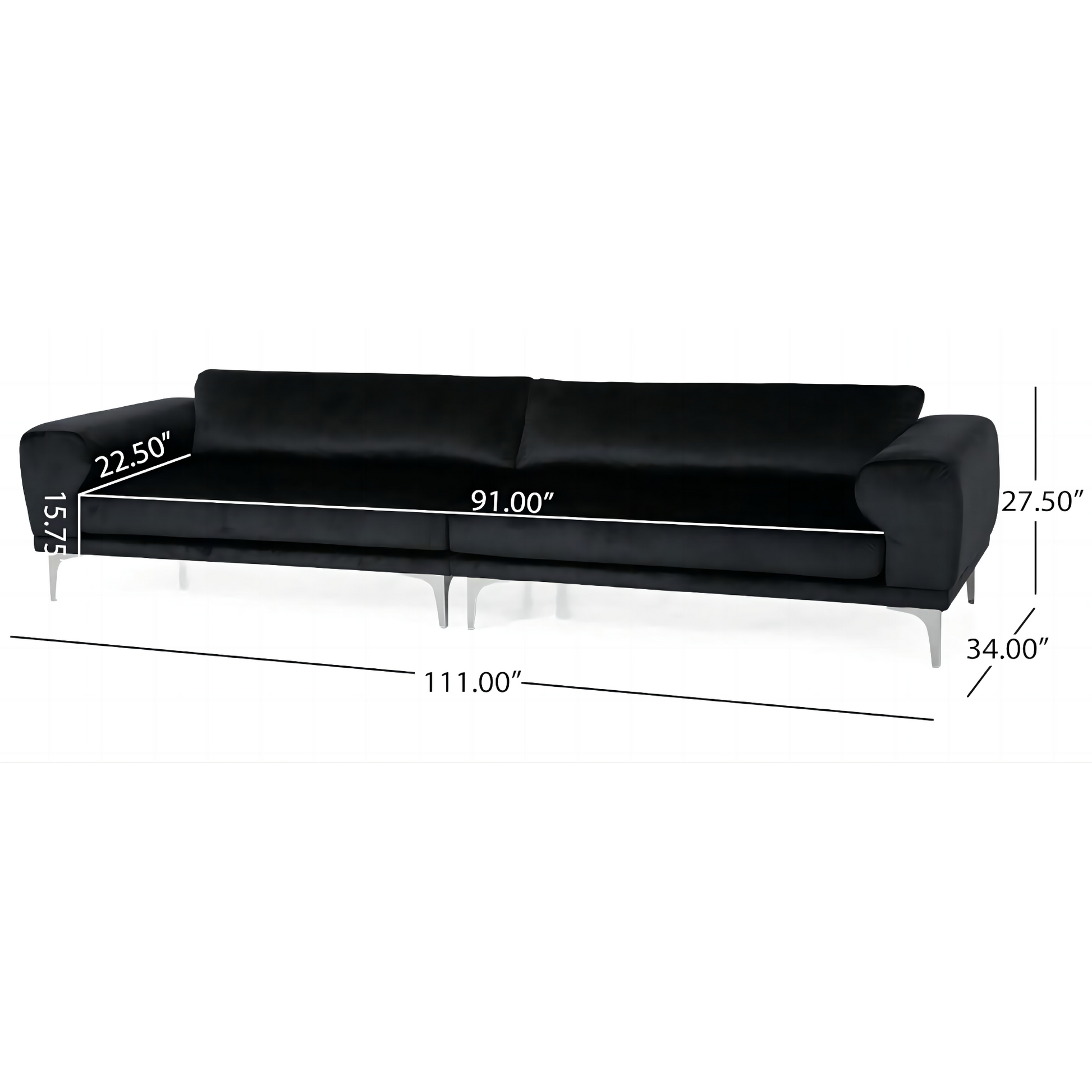 Luxurious Black Velvet 4 Seater Sofa With Ultra Soft Cushions, Metal Silver Legs Decor With Exquisite Craftsman, And Timeless Elegance, Perfect For Elevating Modern And Sophisticated Living Spaces Black Velvet Wood Primary Living Space Pillow Back Soft