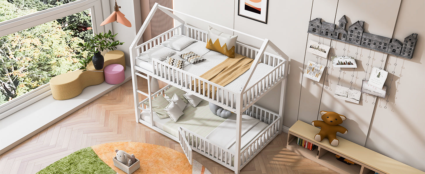 Metal Twin Over Twin House Bunk Bed With Fence And Door, White Box Spring Not Required Twin White Metal Bedroom Metal