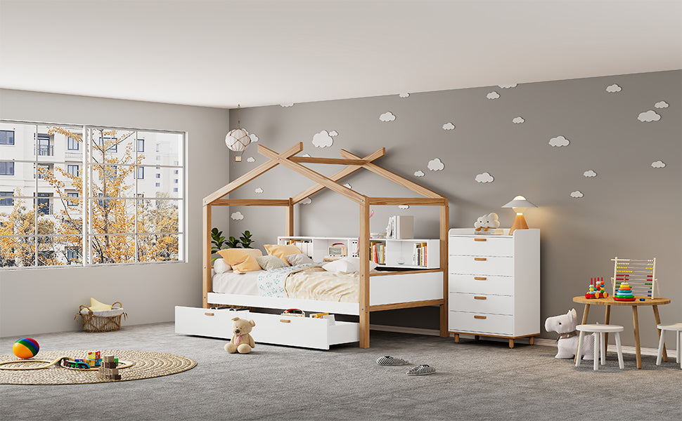 White Full Size Wooden House Bed Original Wood Colored Frame With Two Drawers And Bookshelf Storage Space For Children Or Guest Room Full White Wood