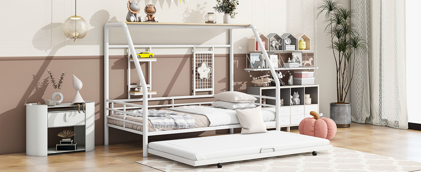 Twin Size Metal House Bed With Trundle, White Twin White Metal