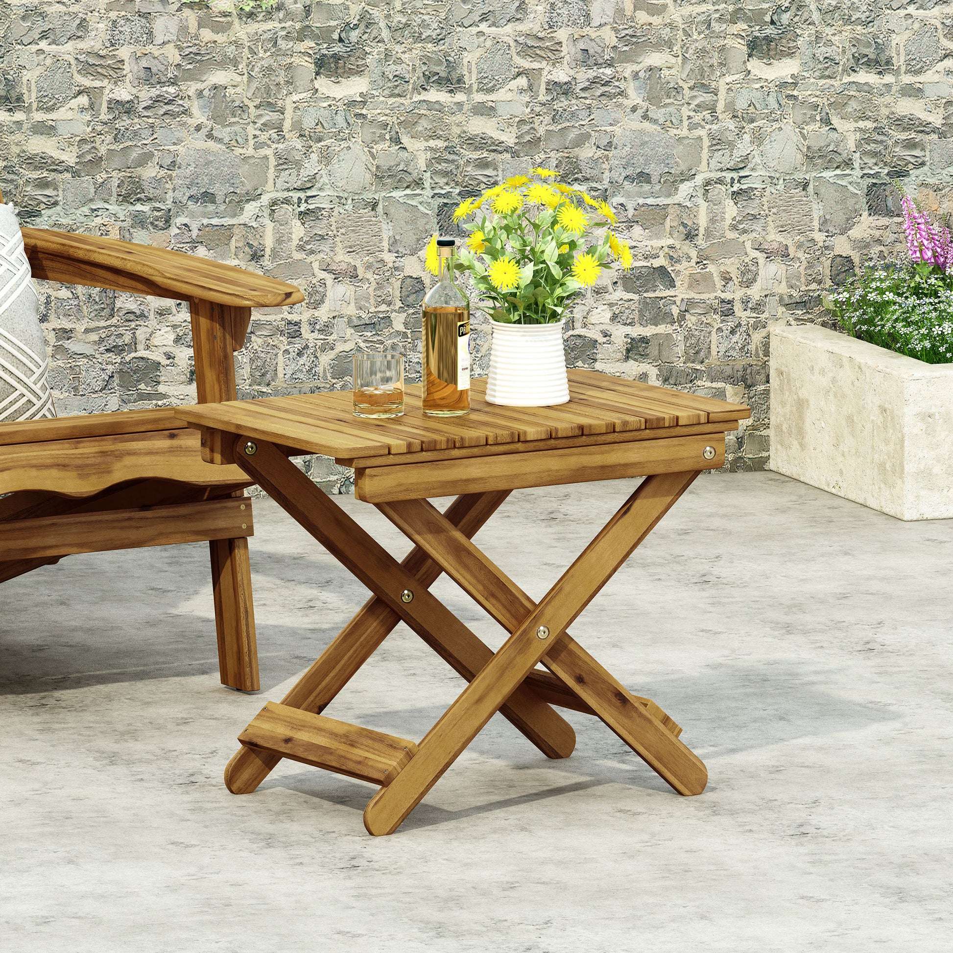 Outdoor Folding Wooden Side Table, Natural, 15"D X 22.75"W X 18.25"H Natural Acacia Wood