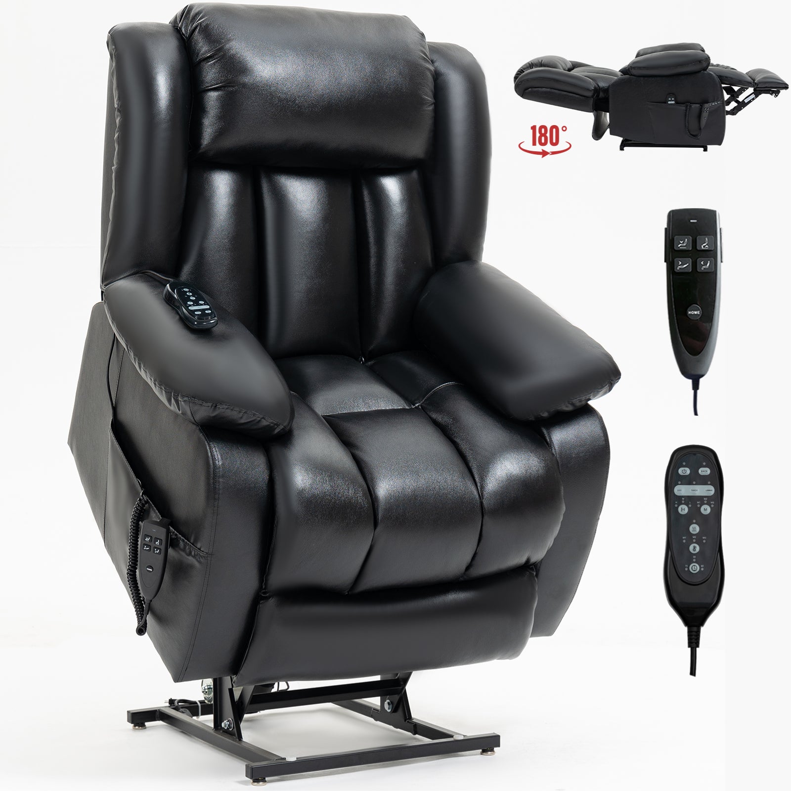 Dual Motor Infinite Position Up To 350 Lbs Electric Medium Size Genuine Leather Black Power Lift Recliner Chair With 8 Point Vibration Massage And Lumbar Heating White Metal Primary Living Space Heavy Duty Pine Black Genuine Leather Power Remote Medium