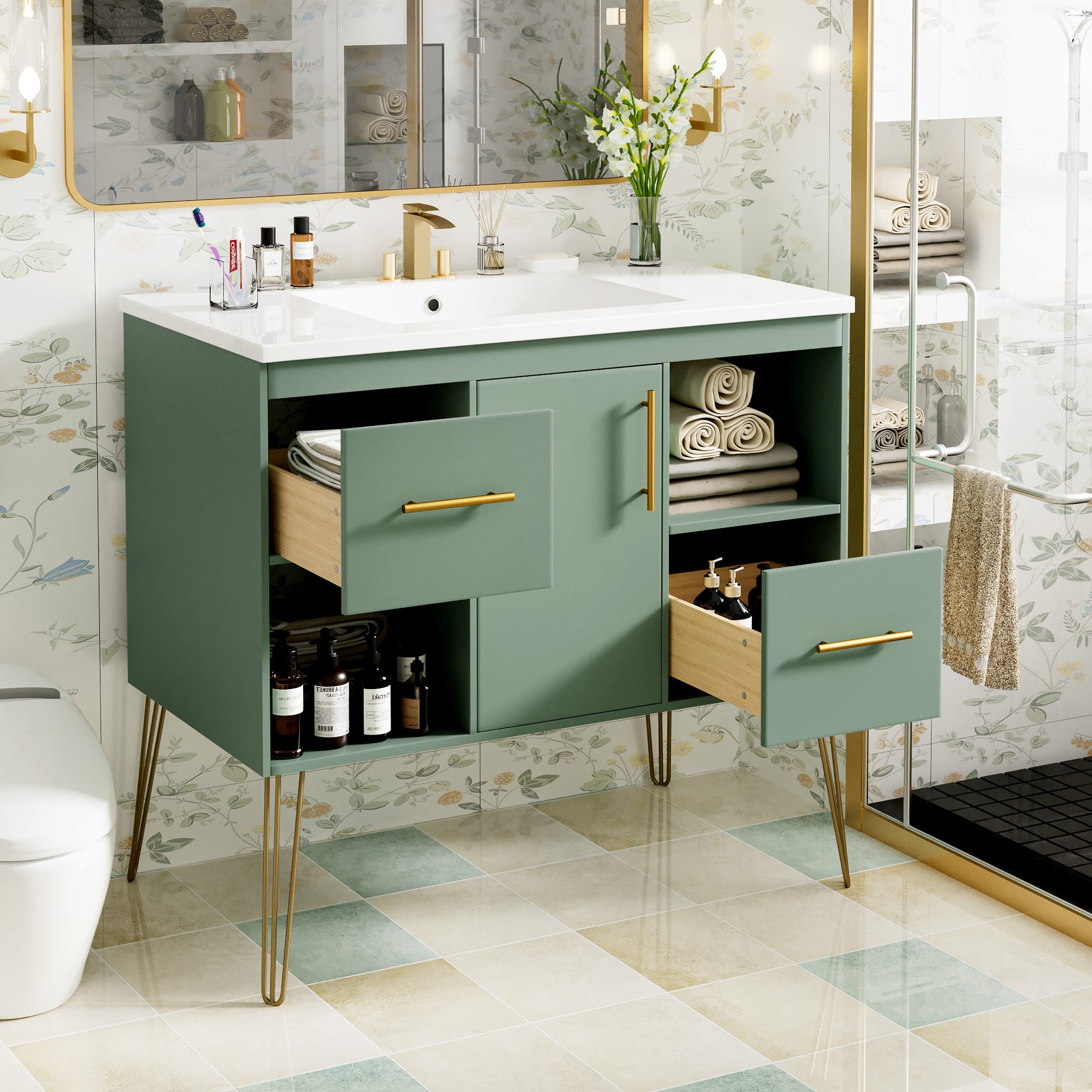 36'' Bathroom Vanity With Resin Sink Combo Set, Modern Freestanding Single Bathroom Cabinet With 2 Drawers & 2 Storage Compartments, Storage Cabinet For Bathroom, Solid Wood Frame Vanity Set, Green Green Bathroom Modern Mdf