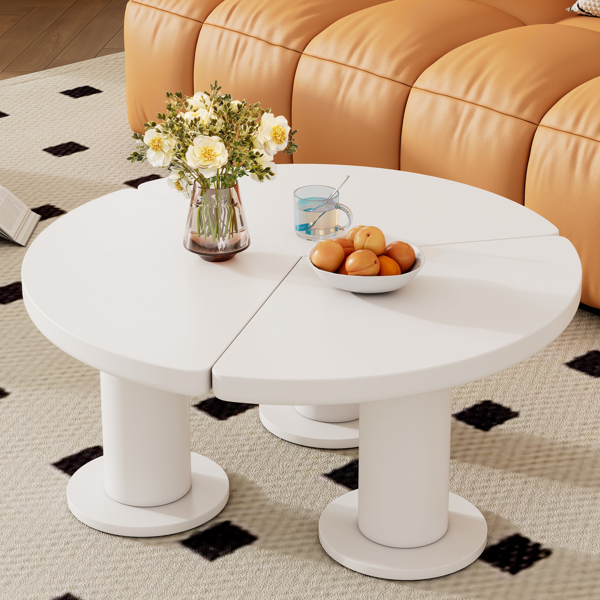 39.4'' Easy Assembly Round Petal Shaped Coffee Table, Cream Style Center Table With 3 Thick Legs, Minimalist Irregular End Table With Sleek Round Edges For Living Room, White White Mdf