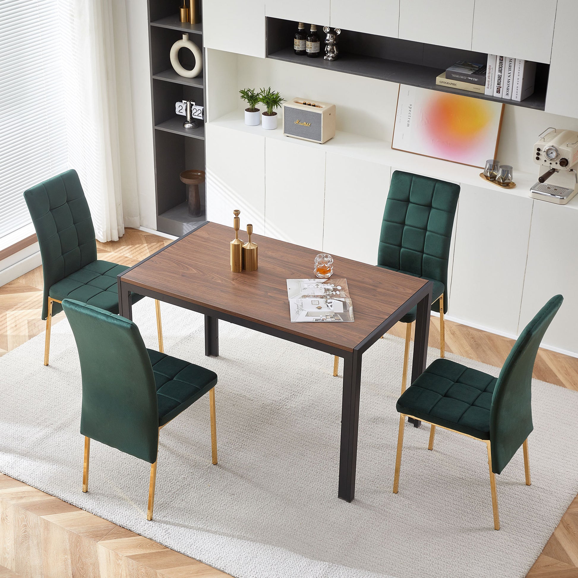 Green Velvet High Back Nordic Dining Chair Modern Fabric Chair With Golden Color Legs, Set Of 4 Metal Plaid Green Dining Room Dry Clean Modern Dining Chairs Solid Back Foam Velvet
