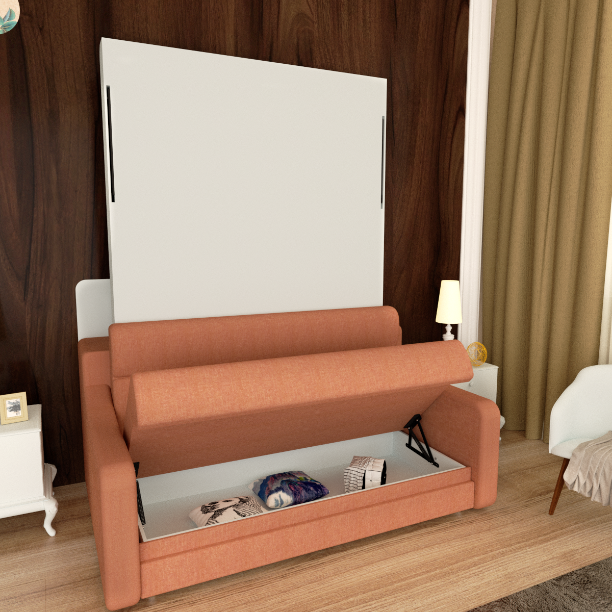 No Need Fix To The Wall Morden Deisgn Vertical Murphy Bed With Sofa For Bedroom Or Guestroom White Wall Bed Space Saving Hidden Bed With Style Gas Struts Full Orange Plywood