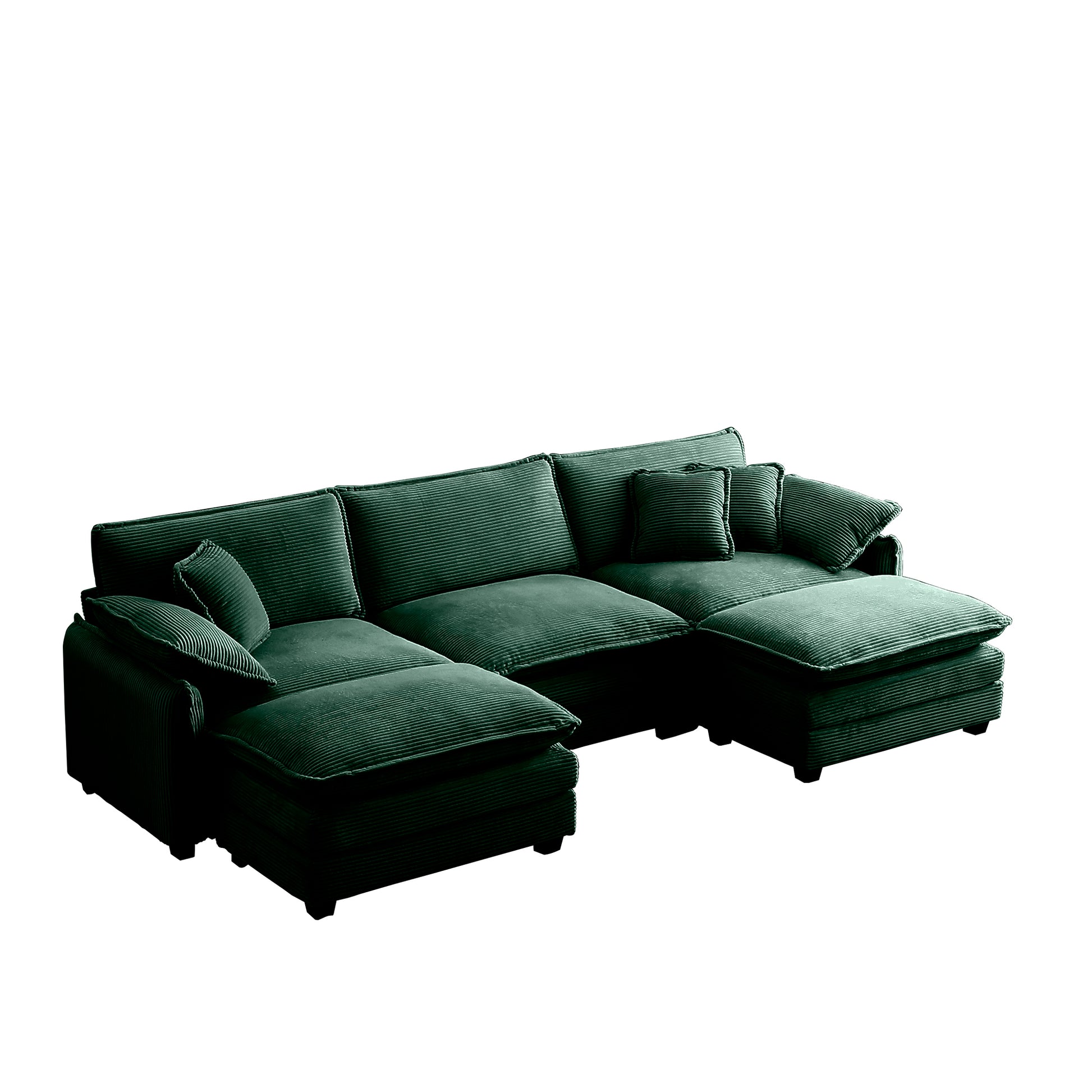 Oversized Modular Cushioned Sofa With Conversible Ottoman, 3 Seater Sofa With 2 Footstools, U Shape Sofa Ingreen Corduroy Fabric Green Corduroy 3 Seat