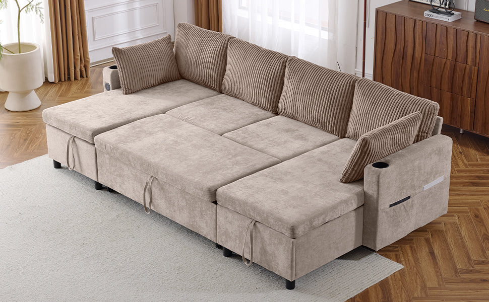 111.8" Sectional Sofa Pull Out Sofa Bed Versatile Sofa Sleeper With Large Storage Space, Two Usb Ports And Two Cup Holders For Living Room, Brown Brown Foam Chenille 4 Seat