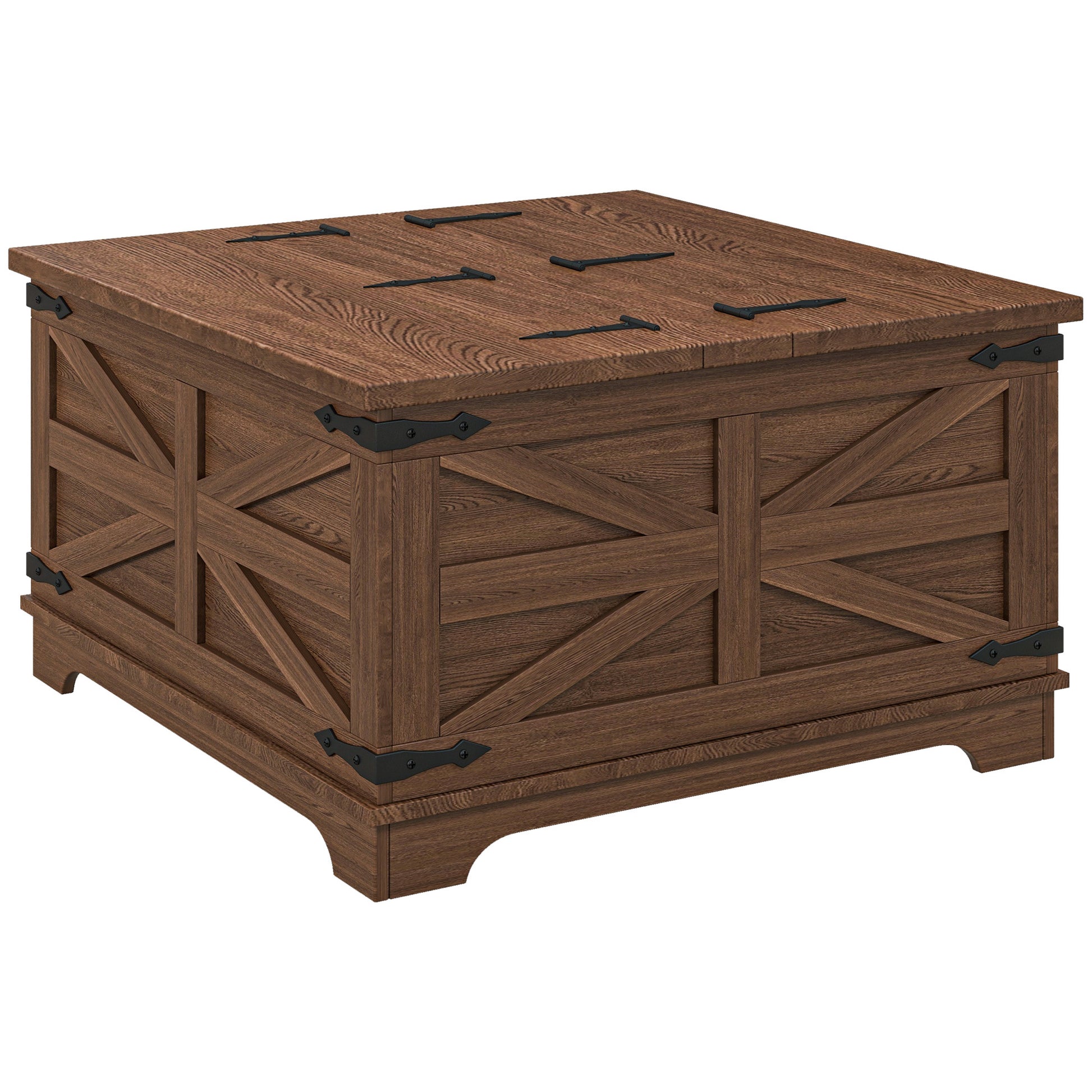 Homcom Farmhouse Coffee Table With Storage, Center Table With Hinged Lift Top And Hidden Space, Square Coffee Table For Living Room, Distressed Brown Brown Particle Board