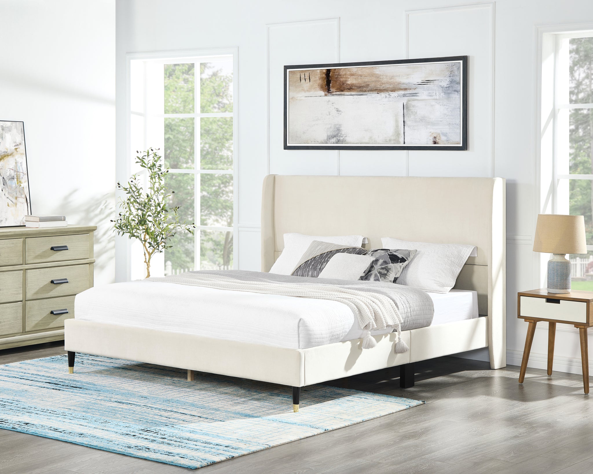 Rozitta Beige Velvet Wingback Platform Bed, Queen Box Spring Not Required Queen Beige Wood Bedroom Contemporary Wingback Mdf Velvet Particle Board Mdf