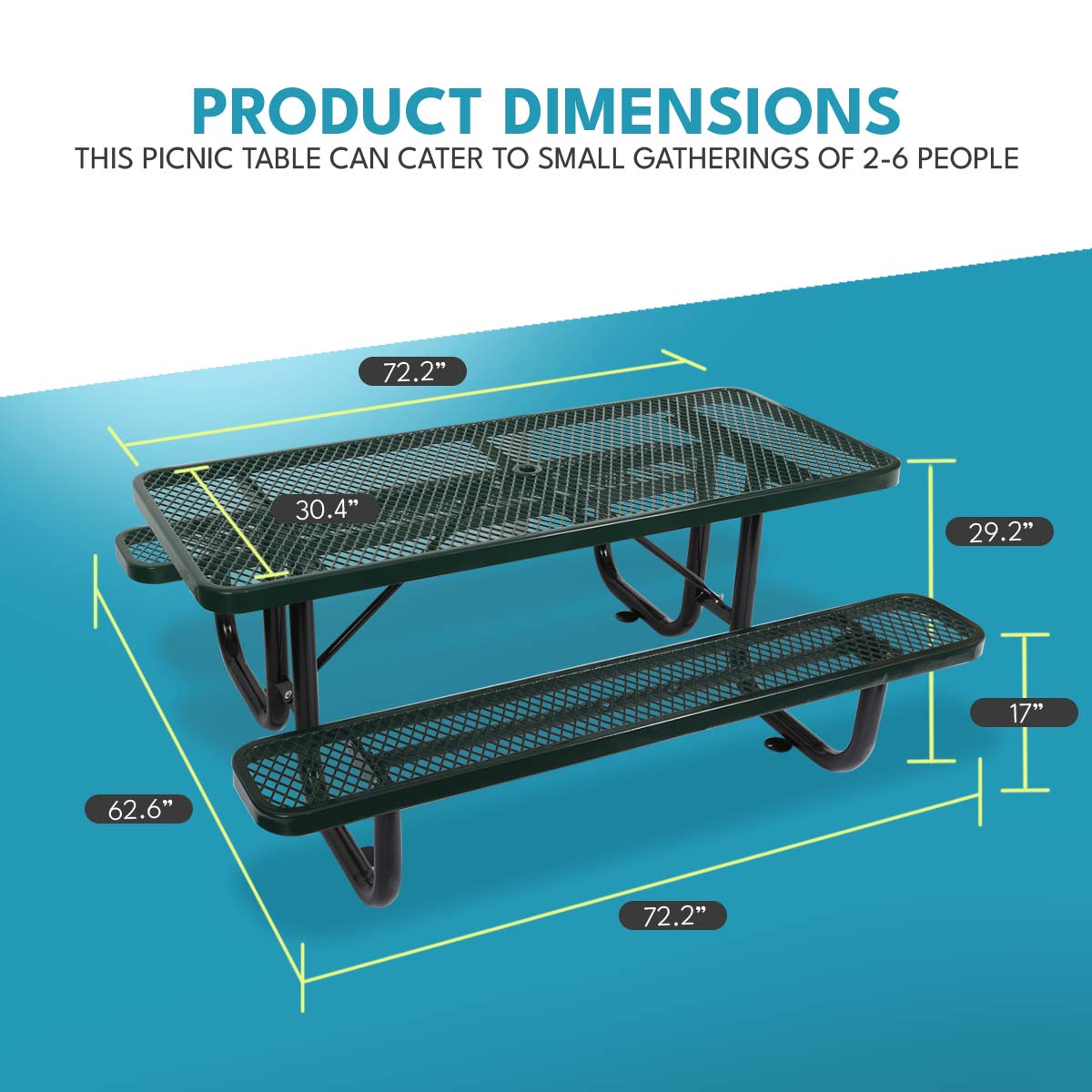 6 Ft. Rectangular Outdoor Steel Picnic Table With Umbrella Pole In Green Green Carbon Steel