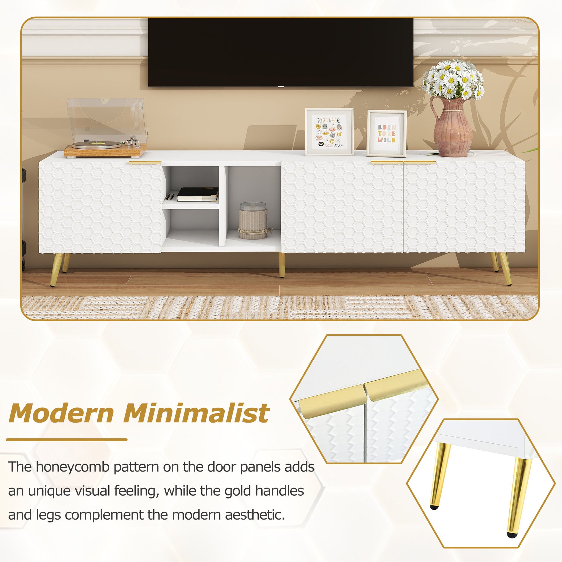 Modern Minimalist Geometric Tv Cabinet With Metal Handles And Gold Legs For Tvs Up To 80'', Multi Functional Tv Stand With Storage Cabinets, Entertainment Center For Living Room, White White Gold