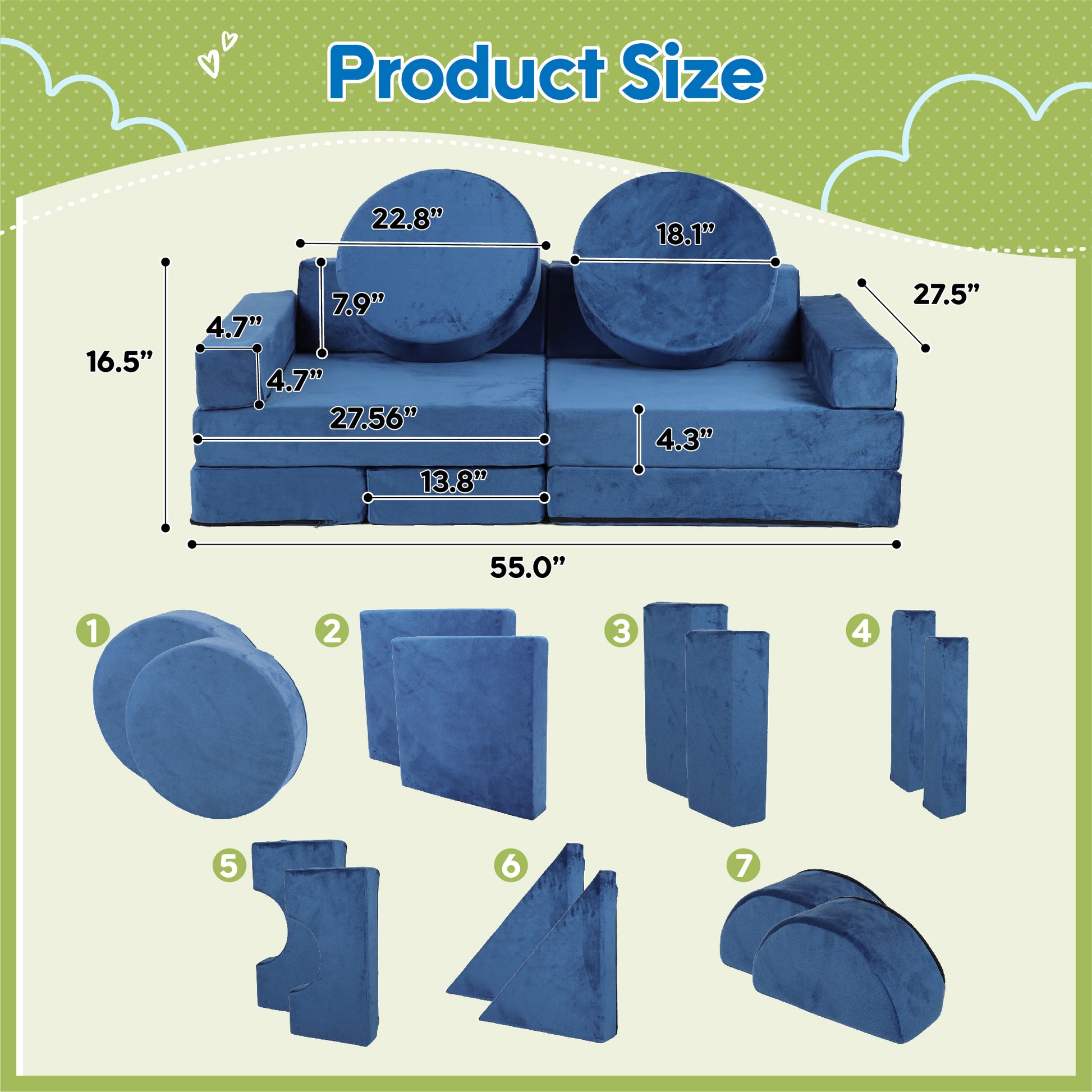 14Pcs Kids Sofa Modular Play Couch,Child Sectional Sofa To Boost Creativity,Boys And Girls Diy Creativing Playroom Couch Furniture For Toddlers Conertible Foam And Floor Cushion Blue Blue Foam Foam