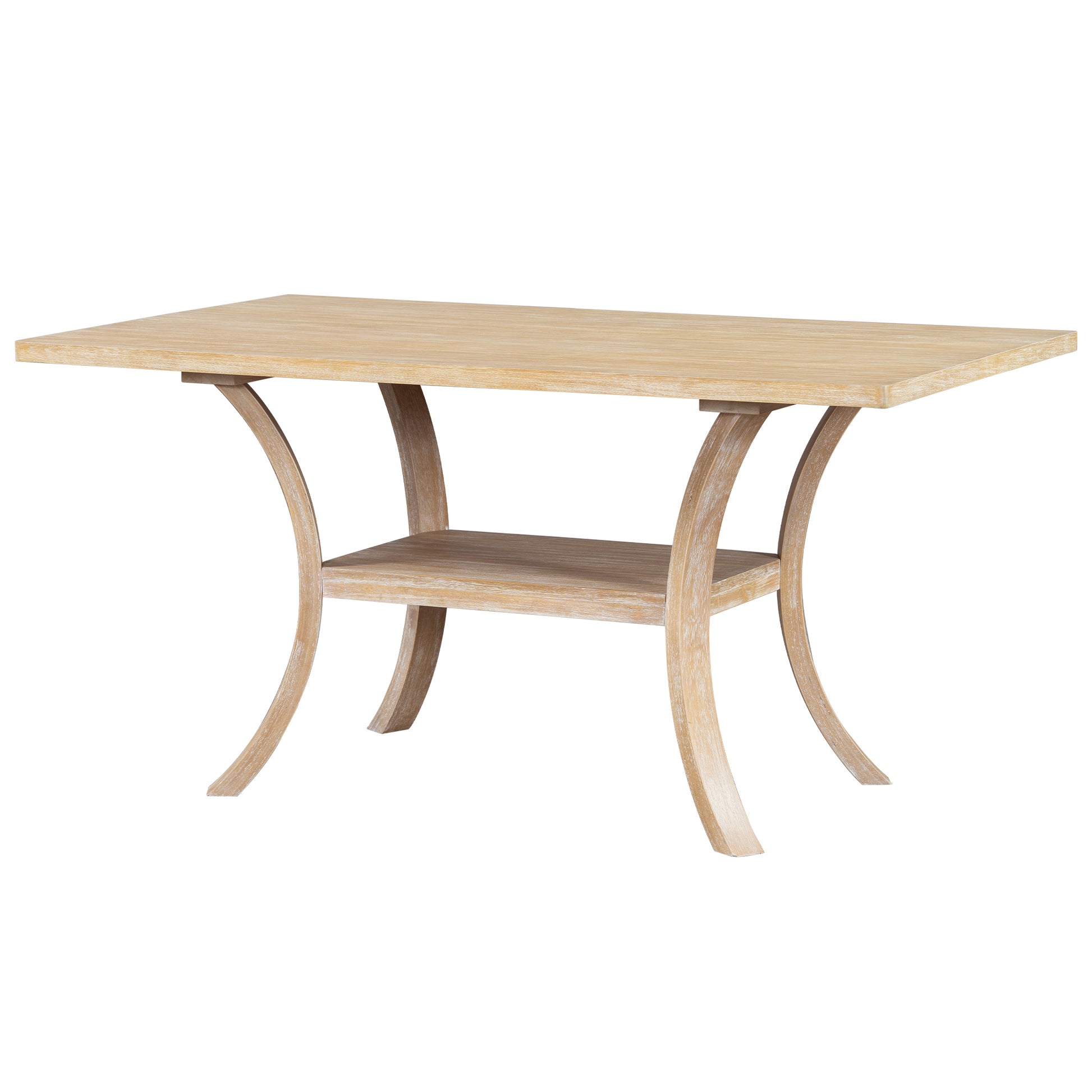 6 Piece Wood Dining Table Set With Storage Shelf And Curved Legs, Kitchen Table Set With Bench And 4 Removable Cushions Dining Chairs, Modern Style, Natural Beige Cushion Wood Dining Room Distressed Finish Rubberwood Rectangular Dining Table With Bench