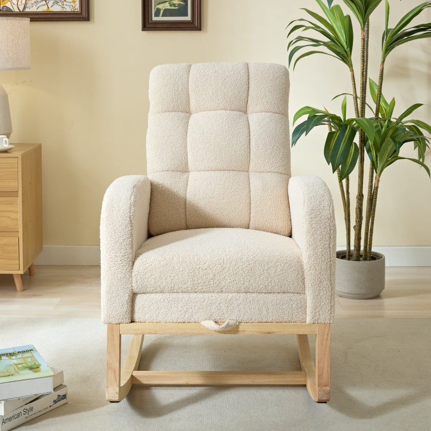 Modern Accent Rocking Chair Rocking Chair With Solid Wood Legs, Adjustable Footrest,Comfy Armchair With Side Pocket, Living Room Lounge Arm Chair With High Backrest Beige,Teddy Beige Polyester Blend