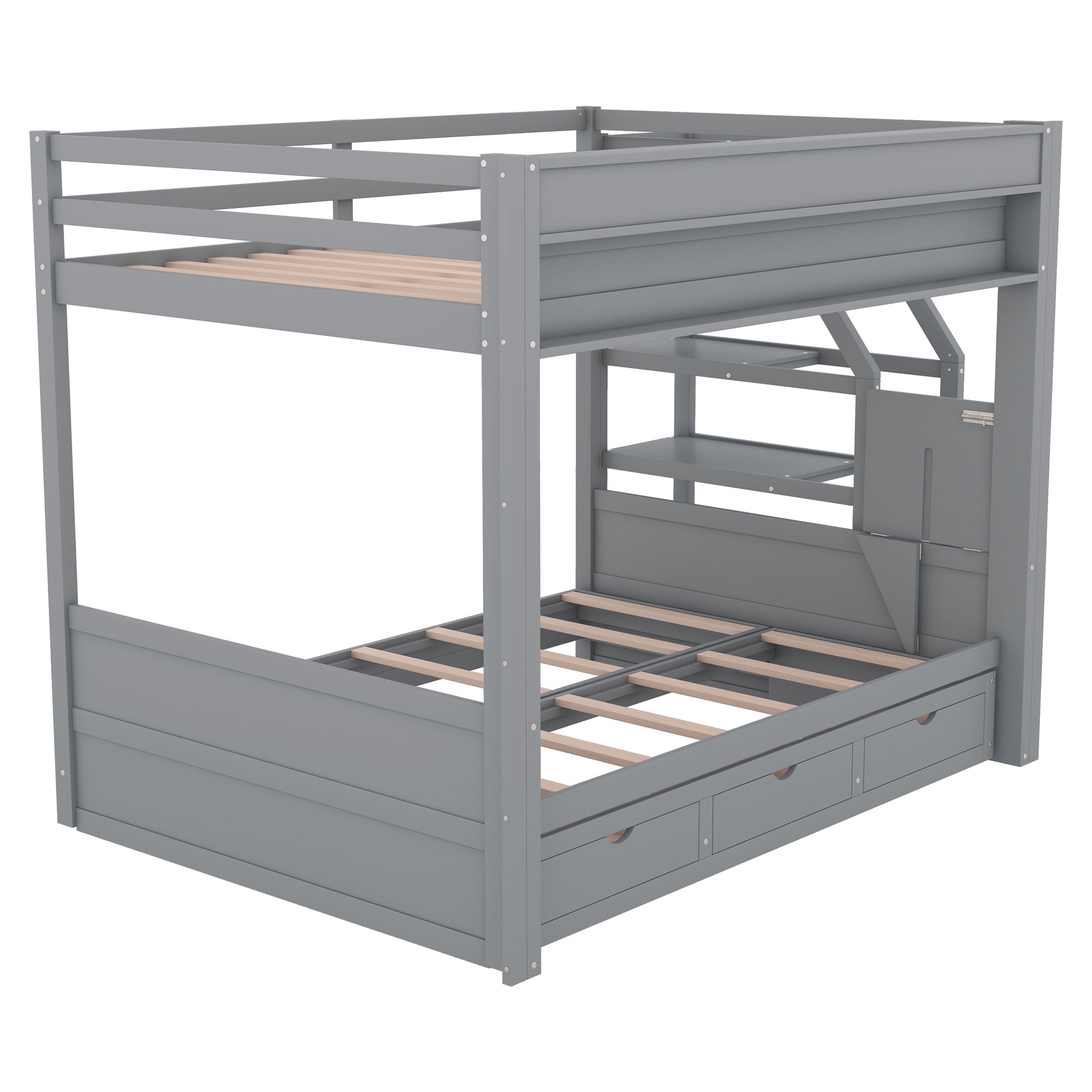 Wood Full Size Convertible Bunk Bed With Storage Staircase, Bedside Table, And 3 Drawers, Gray Gray Solid Wood Mdf