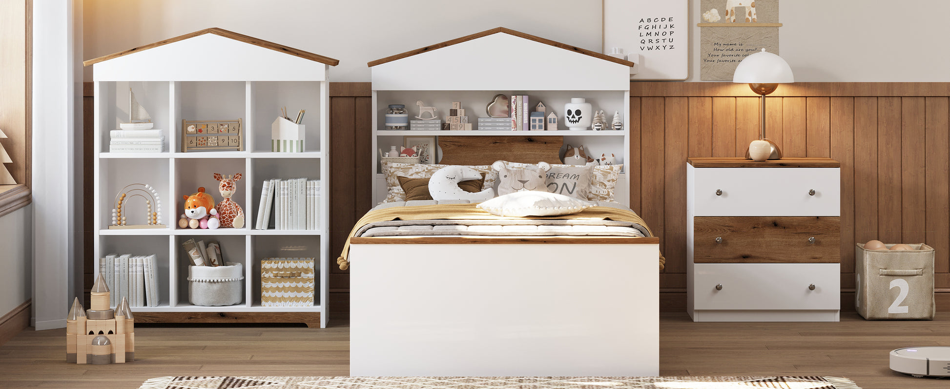 3 Pieces Bedroom Sets, Twin Size House Shaped Wooden Bed With Storage Drawers, Nightstand With Colorblock Design And House Shaped Stroage Rack, Brown White Twin Brown White 3 Piece Set Wood