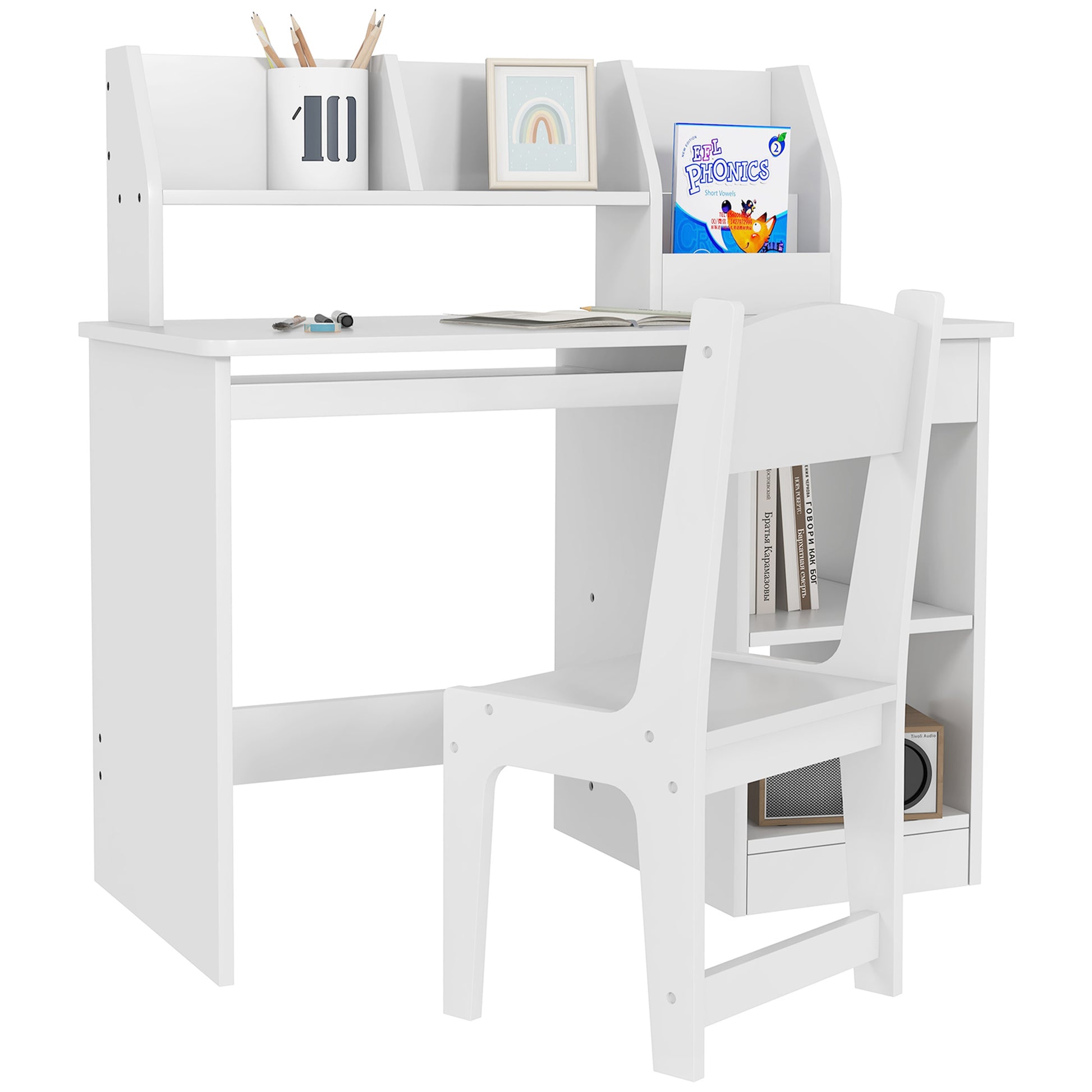 Qaba Kids Desk And Chair Set With Storage, Study Desk With Chair For Children 5 8 Years Old, Gray White Mdf