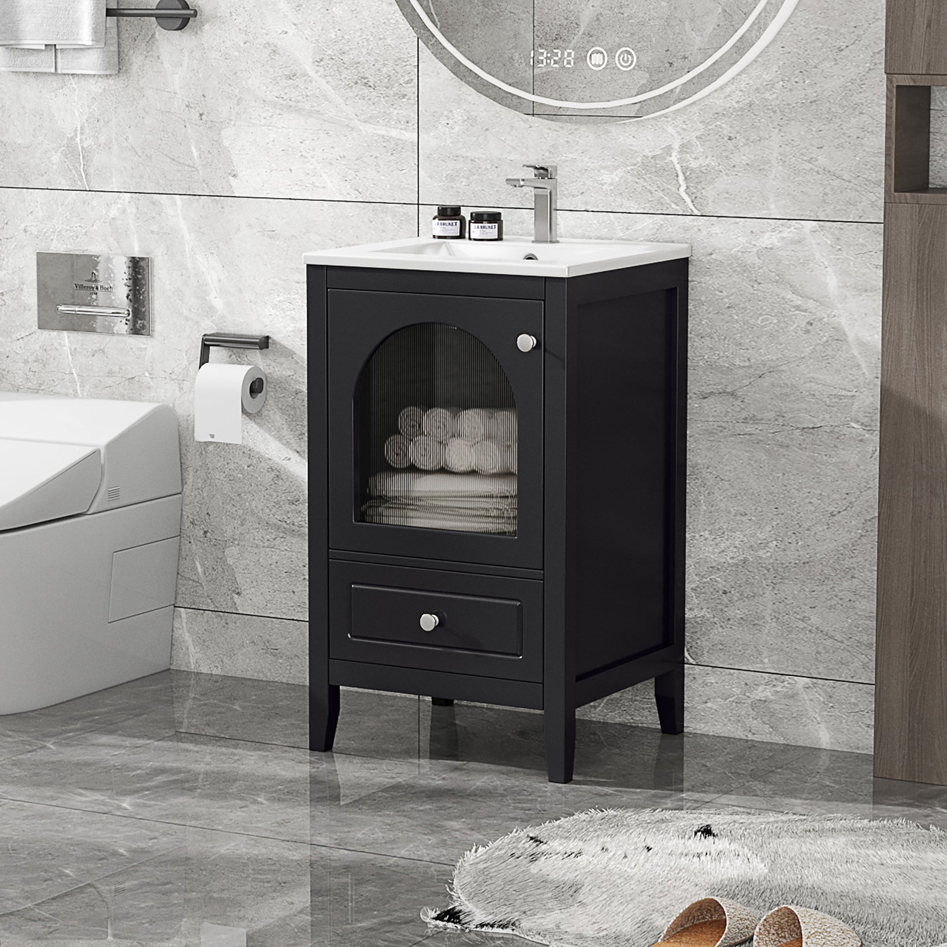 20" Bathroom Vanity With Sink, Bathroom Cabinet With Soft Closing Glass Door, A Drawer, Black Black Mdf