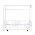 Twin Size Metal House Bed With Fence, With Trundle, White Twin White Metal