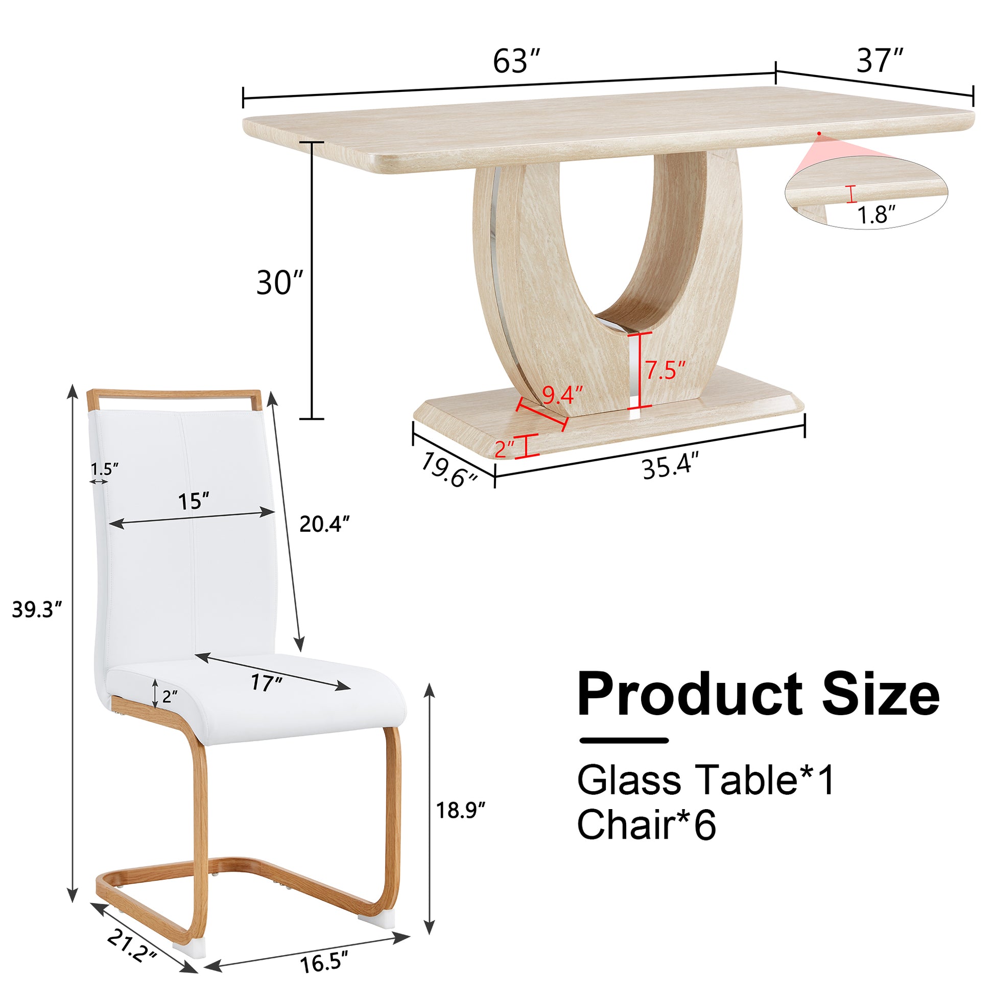 Table And Chair Set.Modern Minimalist Luxury Mdf Rectangular Dining Table With Textured Stickers On The Table, 6 Pu Synthetic Leather High Backrest Soft Cushioned Side Chairs. White Seats 6 Mdf