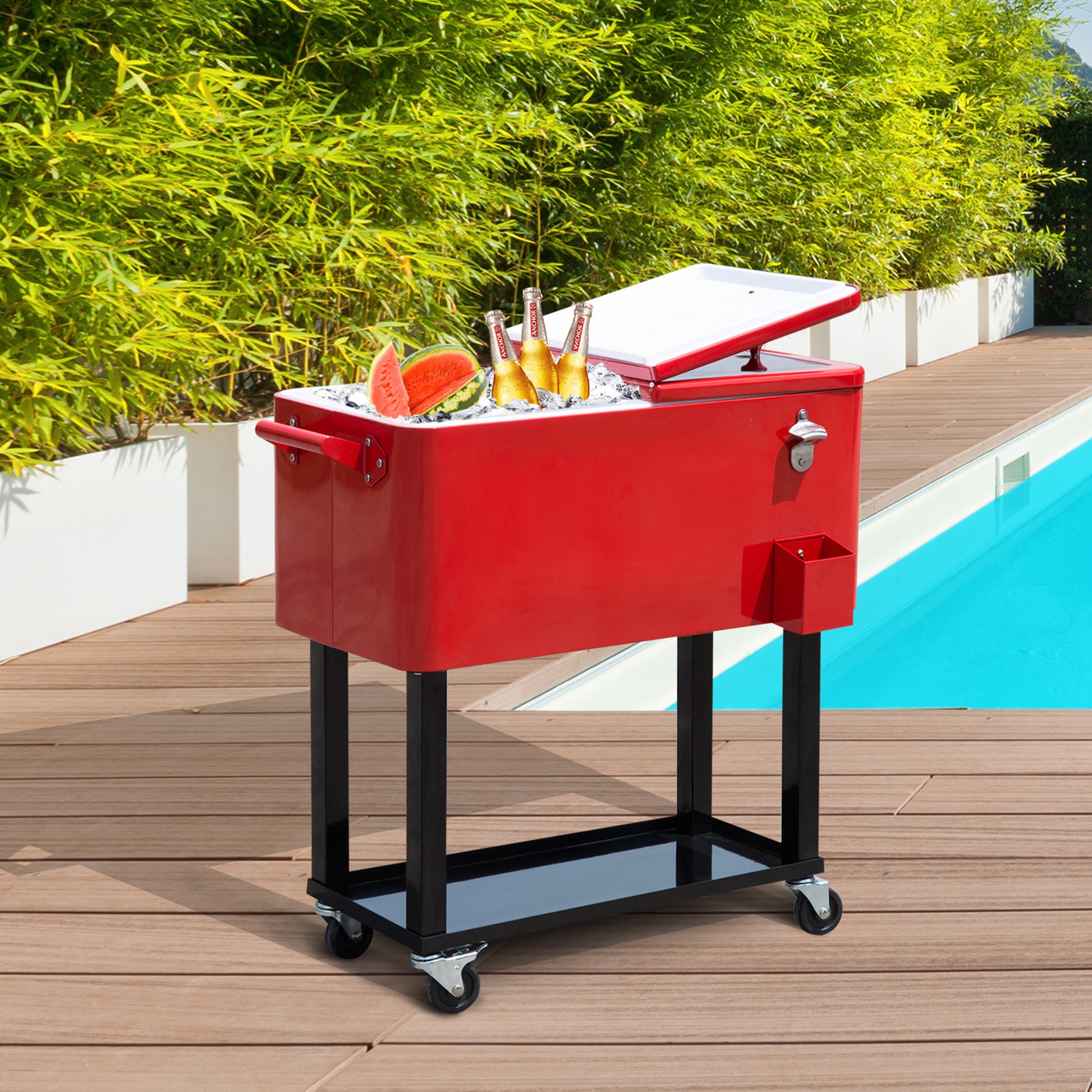 Outsunny 80 Qt Rolling Cooling Bins Ice Chest On Wheels Outdoor Stand Up Drink Cooler Cart For Party, Red Red Plastic