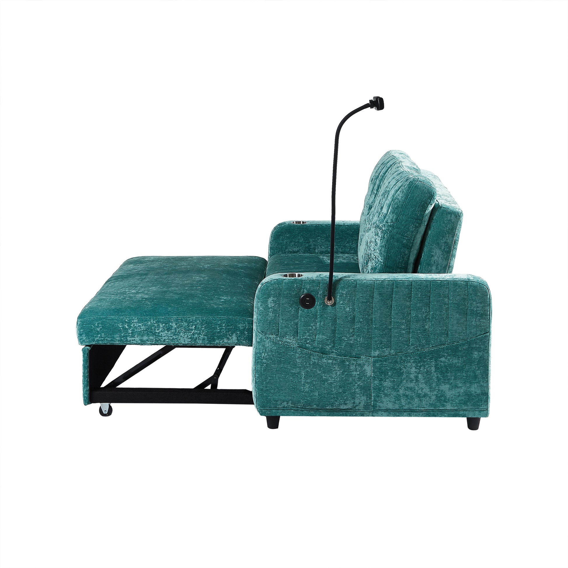 53.9" Modern Loveseat Pull Out Sofa Bed With Adjustable Backrest, Two Cup Holdersa Phone Holder, Three Charging Ports And Side Storage Pockets For Living Room, Teal Teal Foam Chenille