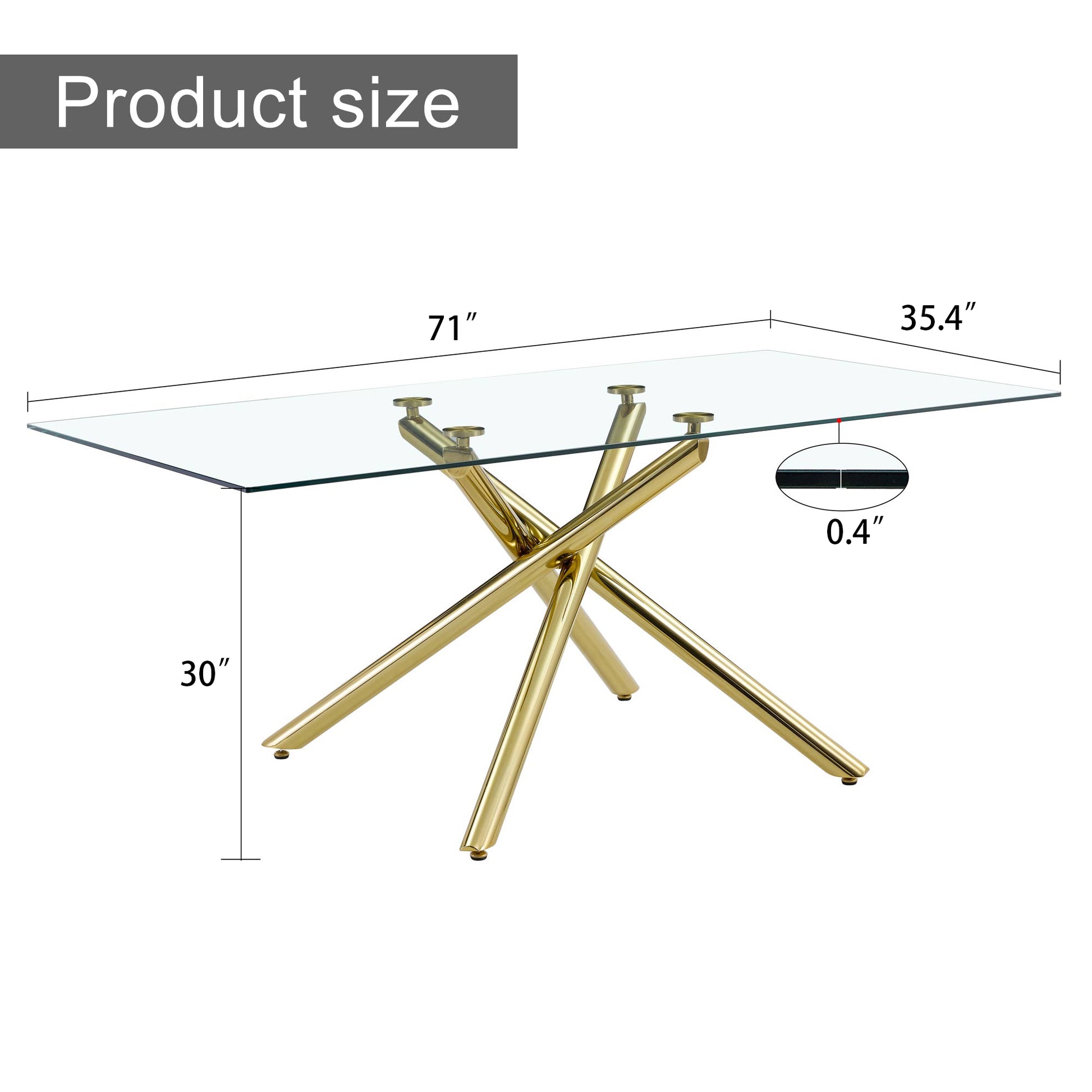 Large Modern Simple Rectangular Glass Dining Table For 4 8 People With 0.39" Tempered Glass Top And Golden Metal Legs For Kitchen, Dining Room, Living Room, Meeting Room, Banquet Hall Golden Glass