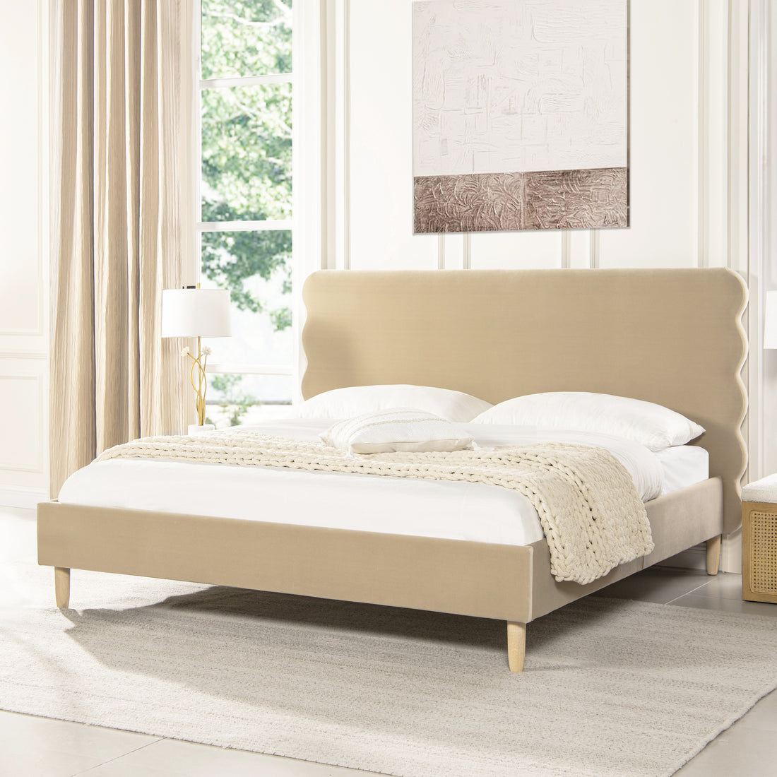 Stockholm Modern Wavy Headboard Platform Bed, King, Fawn Brown Performance Velvet King Brown Wood Foam Velvet Velvet