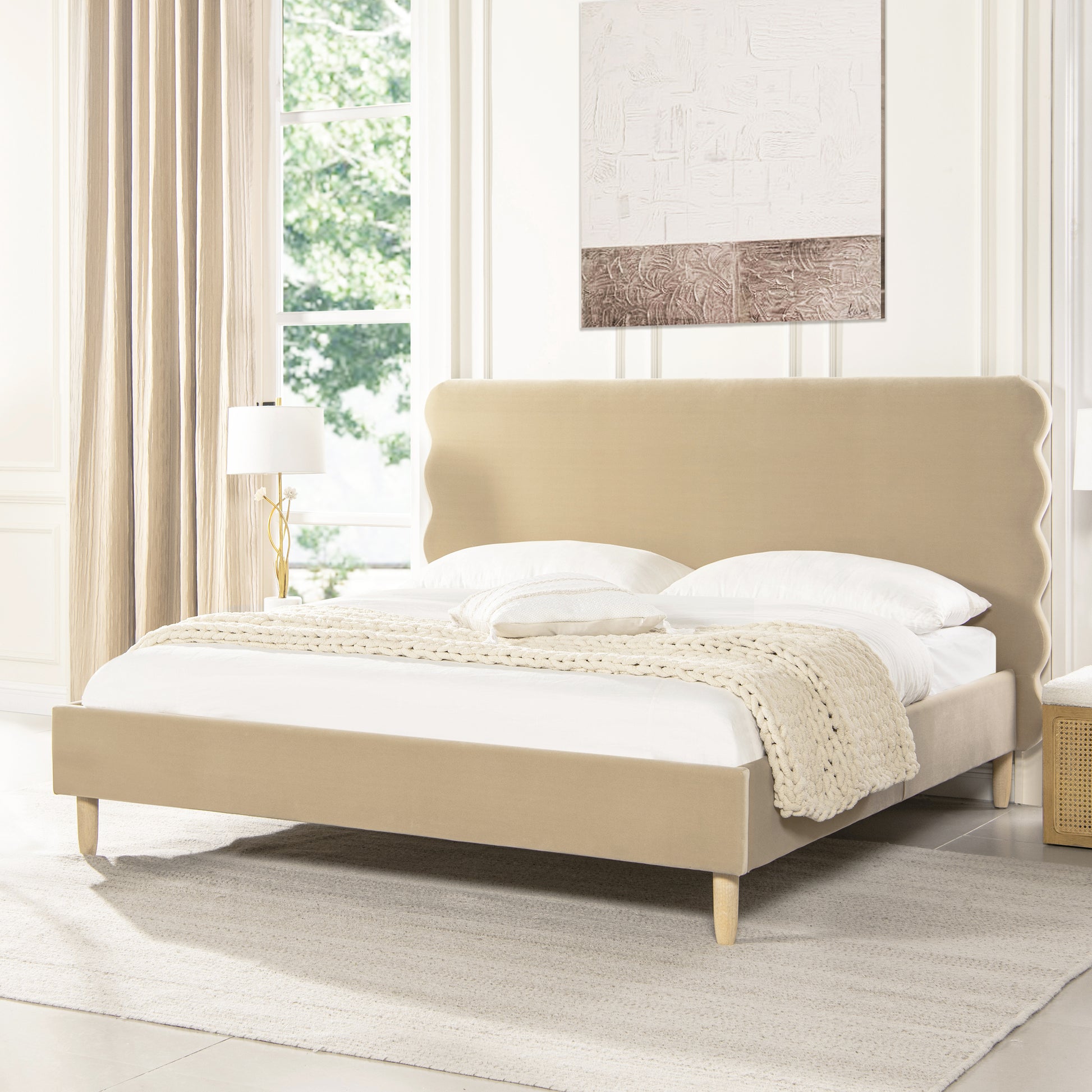 Stockholm Modern Wavy Headboard Platform Bed, King, Fawn Brown Performance Velvet King Brown Wood Foam Velvet Velvet
